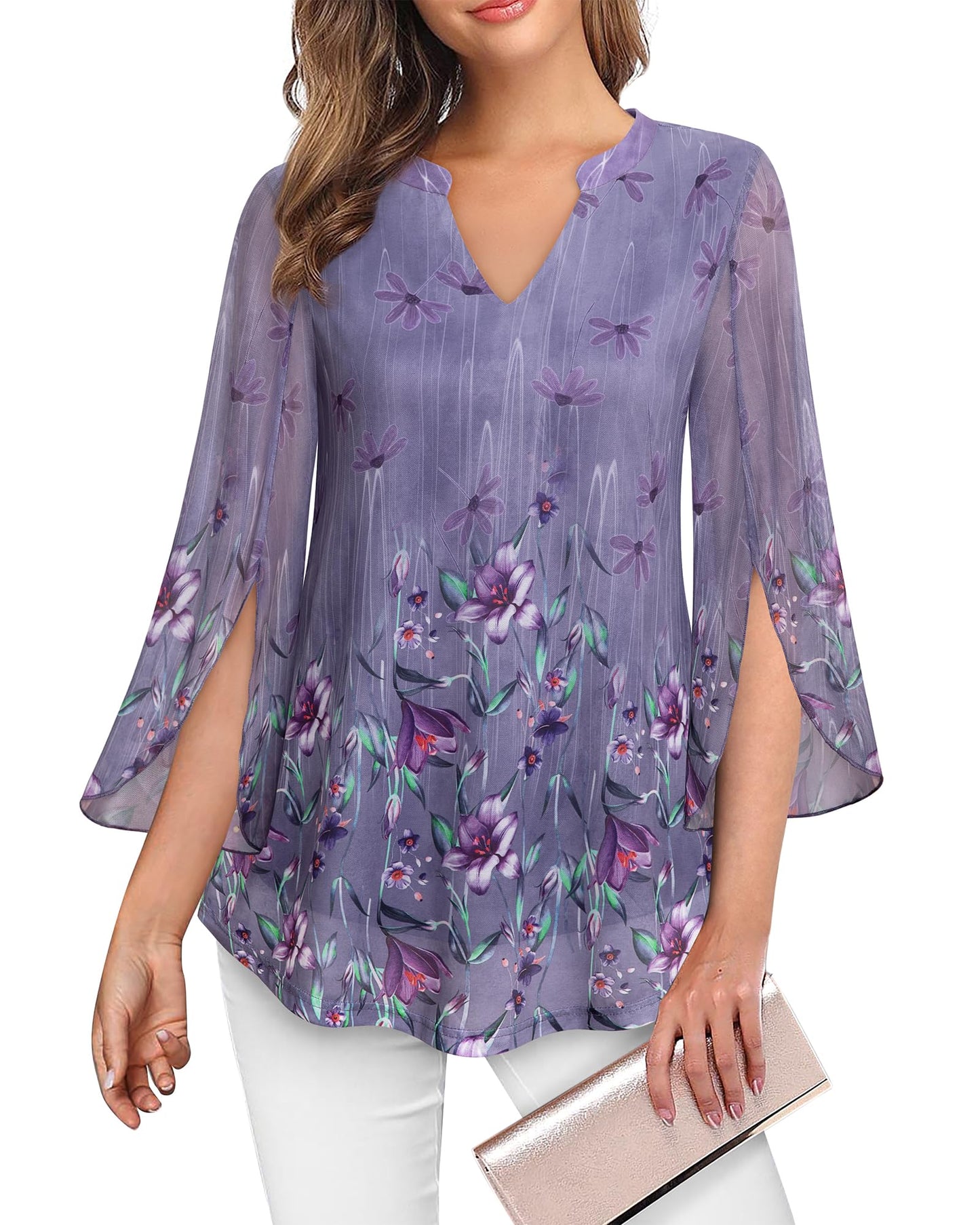 VALOLIA Bell Sleeve Tops for Women, Ladies Ruffle 3/4 Sleeve V Neck Tops and Blouses for Work Office Plus Size A-Line Swing Loose Fit Casual Lightweight Layered Tunics Shirt for Fall Purple Medium