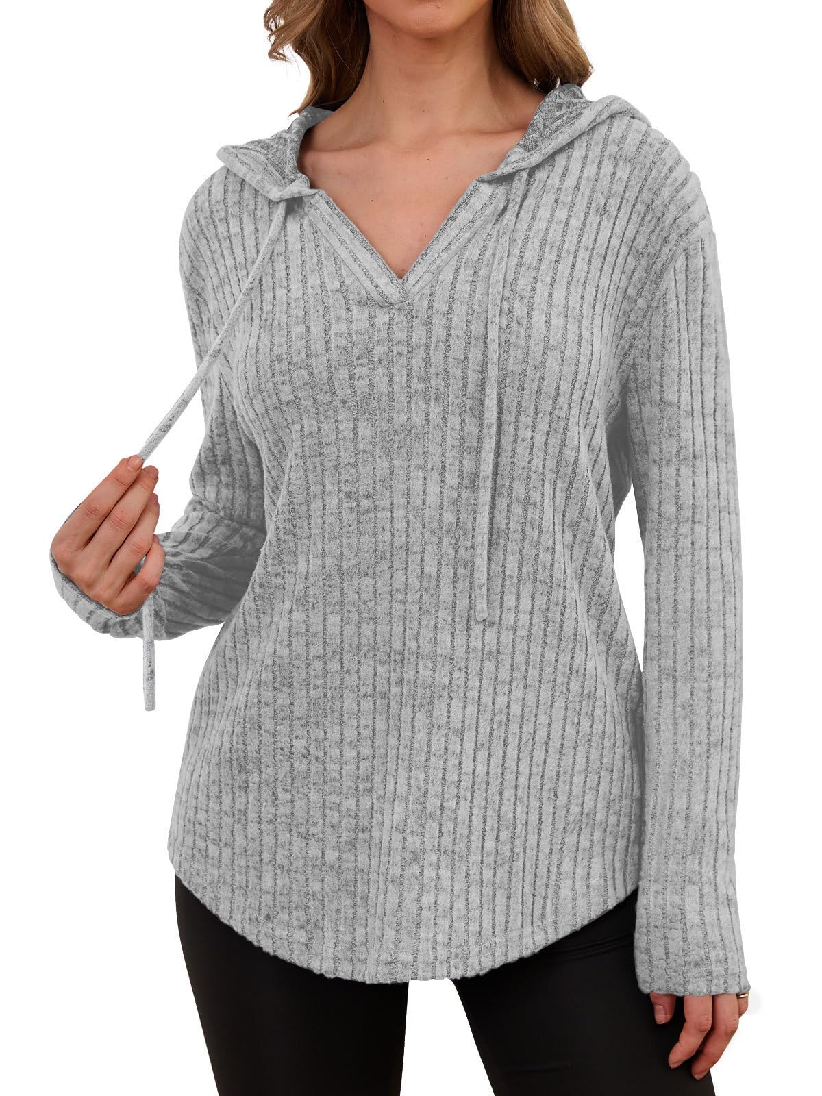 Womens Tops Early Fall Fashion Must Haves 2025 Long Sleeve Shirts Christmas Sweaters for Women Comfiest Airport Outfits Casual V Neck Hoodies Moms Trendy Winter Sweatshirts Clothing Light Gray L