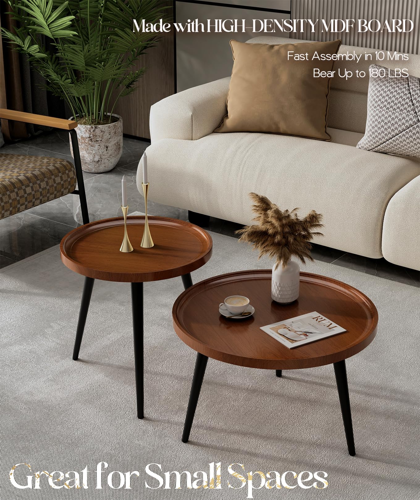 IKSII 2-Piece Set Modern Round Coffee Tables for Living Room,Easy Assembly Nesting Coffee Tables for Small Space,Brown Walnut Color Circle Side Tea Tables for Bedroom Office Balcony Yard