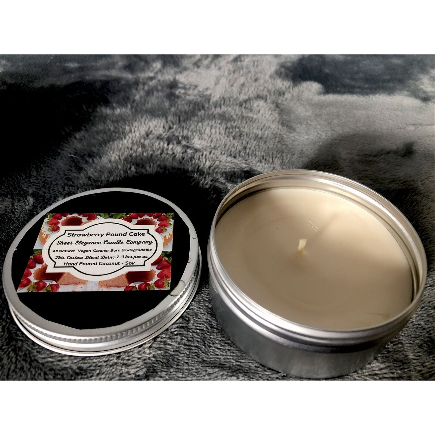 Hand Poured Candles Coconut Soy Blend Strawberry Poundcake 4 Ounce Tin