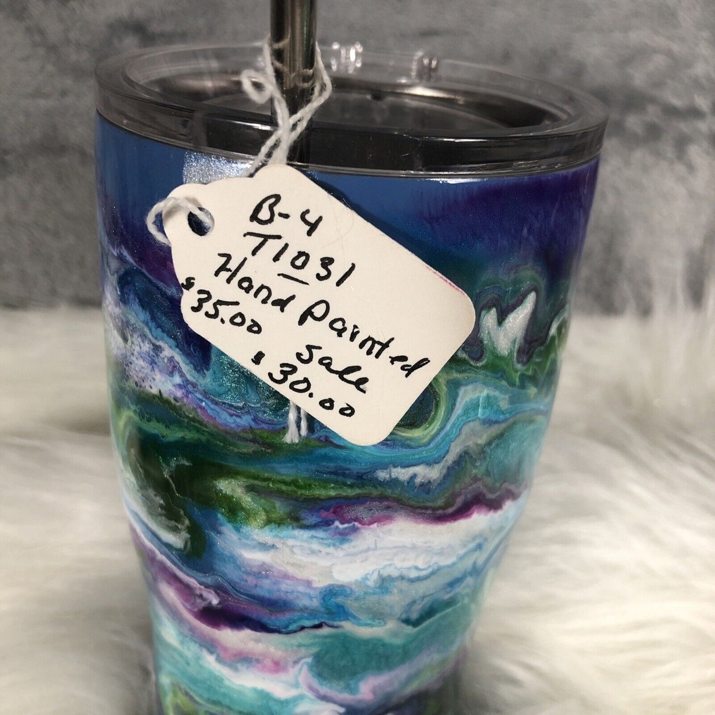 24 Ounce Tumbler Hand-Painted Blues Purples Pearl Green Lid And Straw