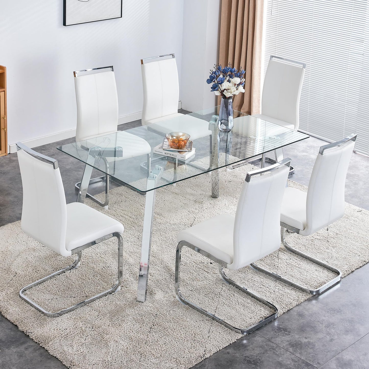 MEMUY 63" Glass Dining Table Set of 6,Ample Tempered Glass Top with Silver Metal Legs,Kitchen Room Table with 6 White Faux Leather Dining Chairs,Dinner Table for Dining Room Office