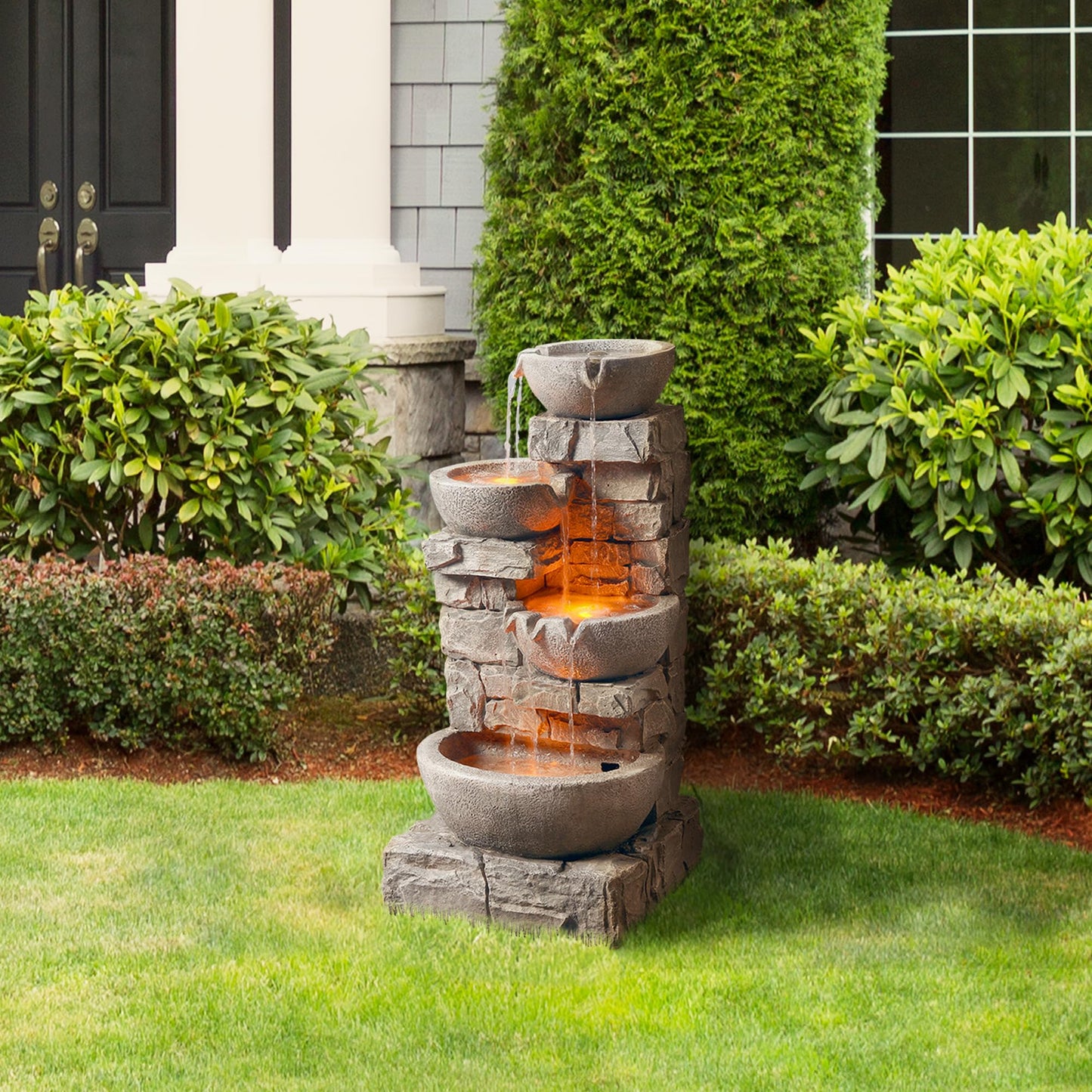 Teamson Home 33.25 in. Cascading Bowls and Stacked Stones LED Outdoor Water Fountain for Gardens, Landscaping, Patios, Balconies, and Lawns for a Calming Oasis in Outdoor Living Spaces, Stone Gray