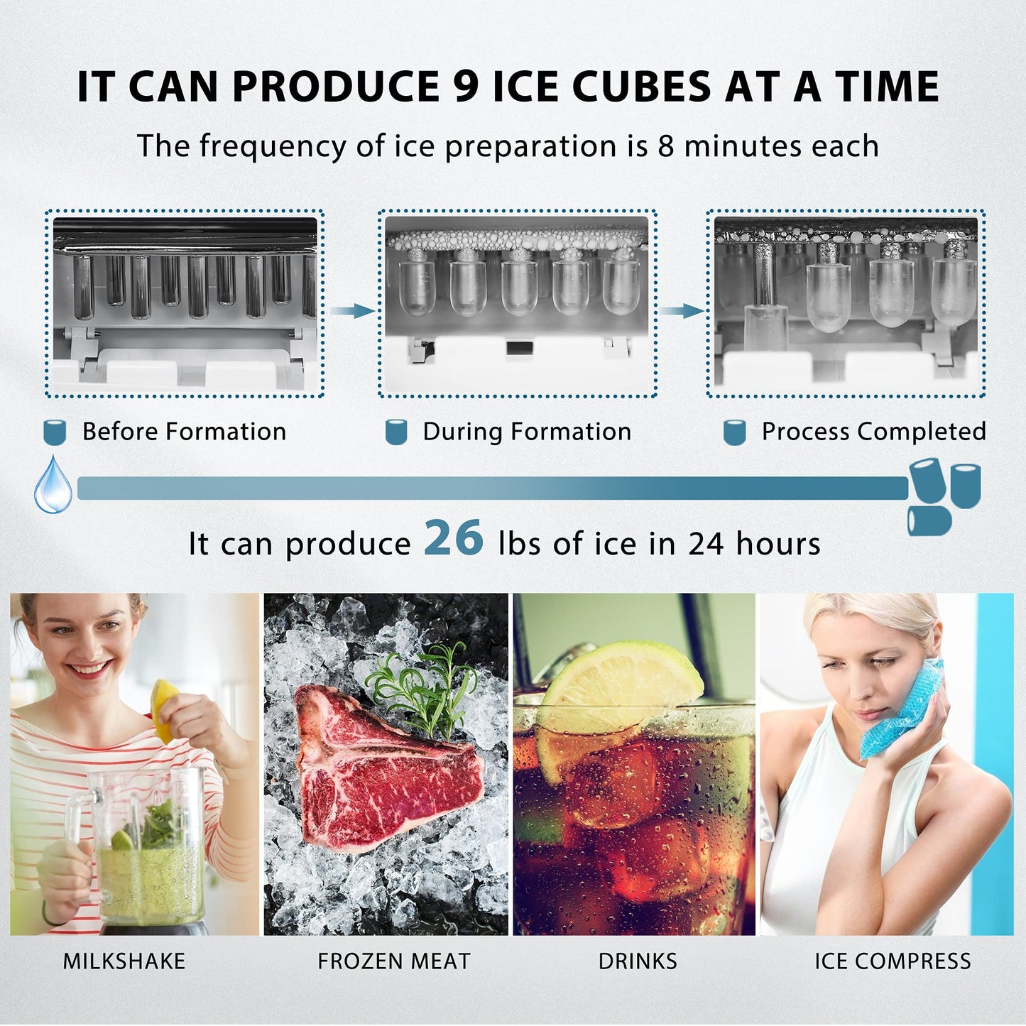VIVOHOME Electric Portable Compact Countertop Automatic Ice Cube Maker Machine with Hand Scoop and Self Cleaning Function 26lbs/Day Black