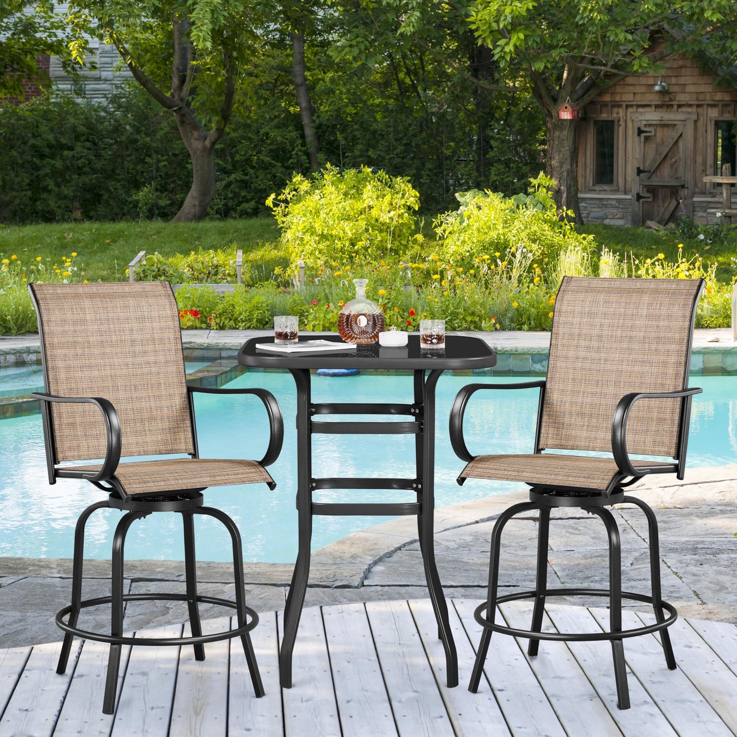 Yaheetech 3Pcs Outdoor Patio Bar Stools Set, Swivel Bistro Chairs with High Back and Armrest and 40.5" Height Metal Square Table All Weather Furniture Set for Cafes Yard Lawn and Garden
