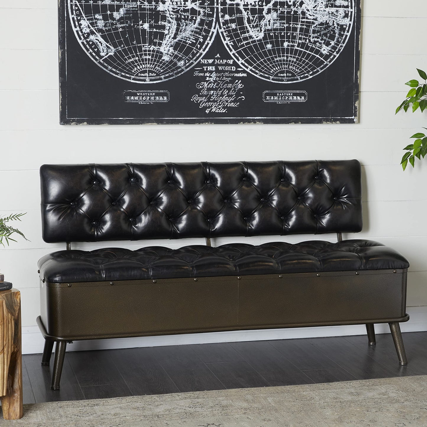 Deco 79 Metal Room Storage Bench Entryway Bench with Tufted Faux Leather, Bench 54" x 19" x 31", Bronze