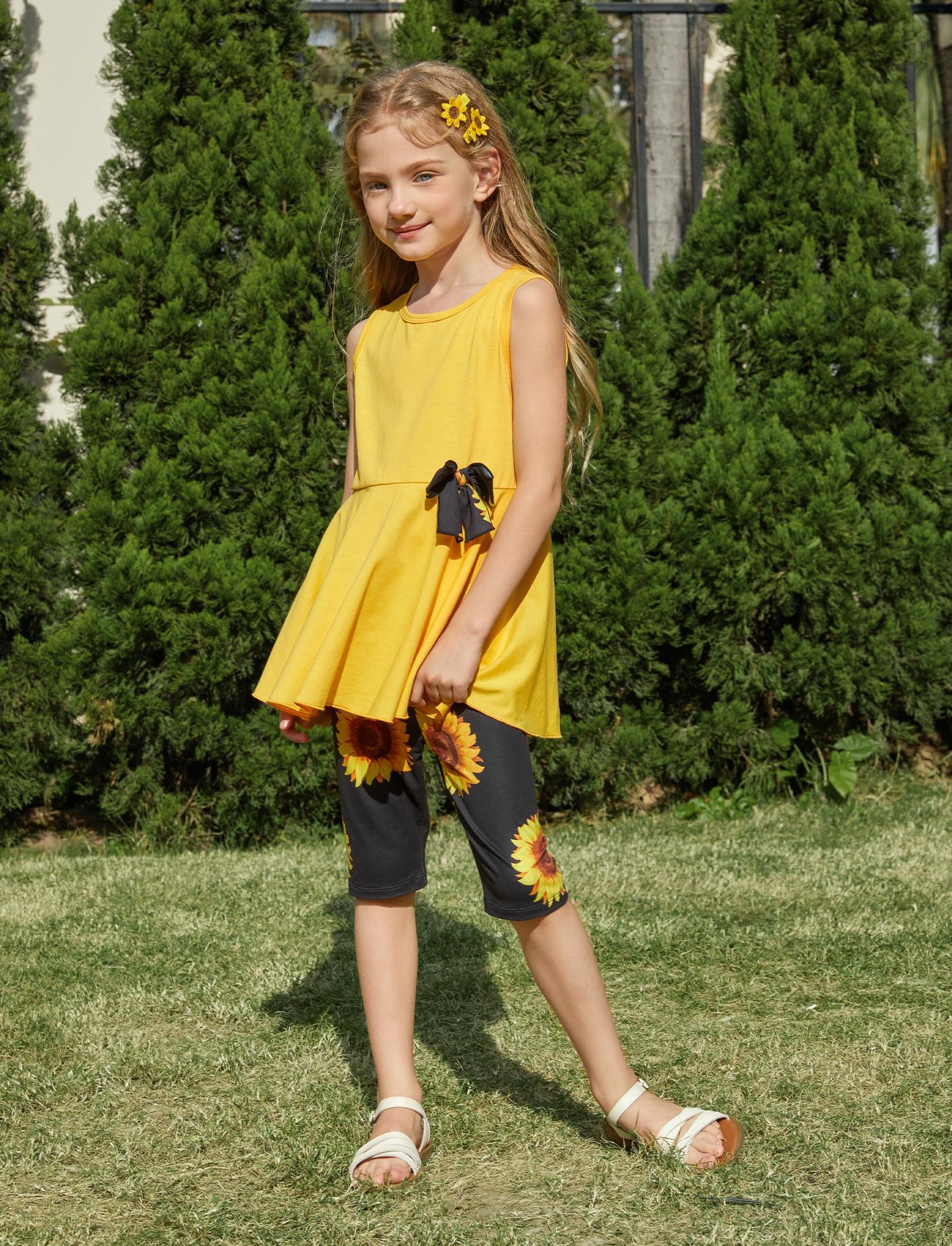 PATPAT Little Girls Clothes Yellow Sunflower Pleated Hem Design Sleeveless Dress Top and Allover Floral Print Short Set Girls Outfits 3T 4T