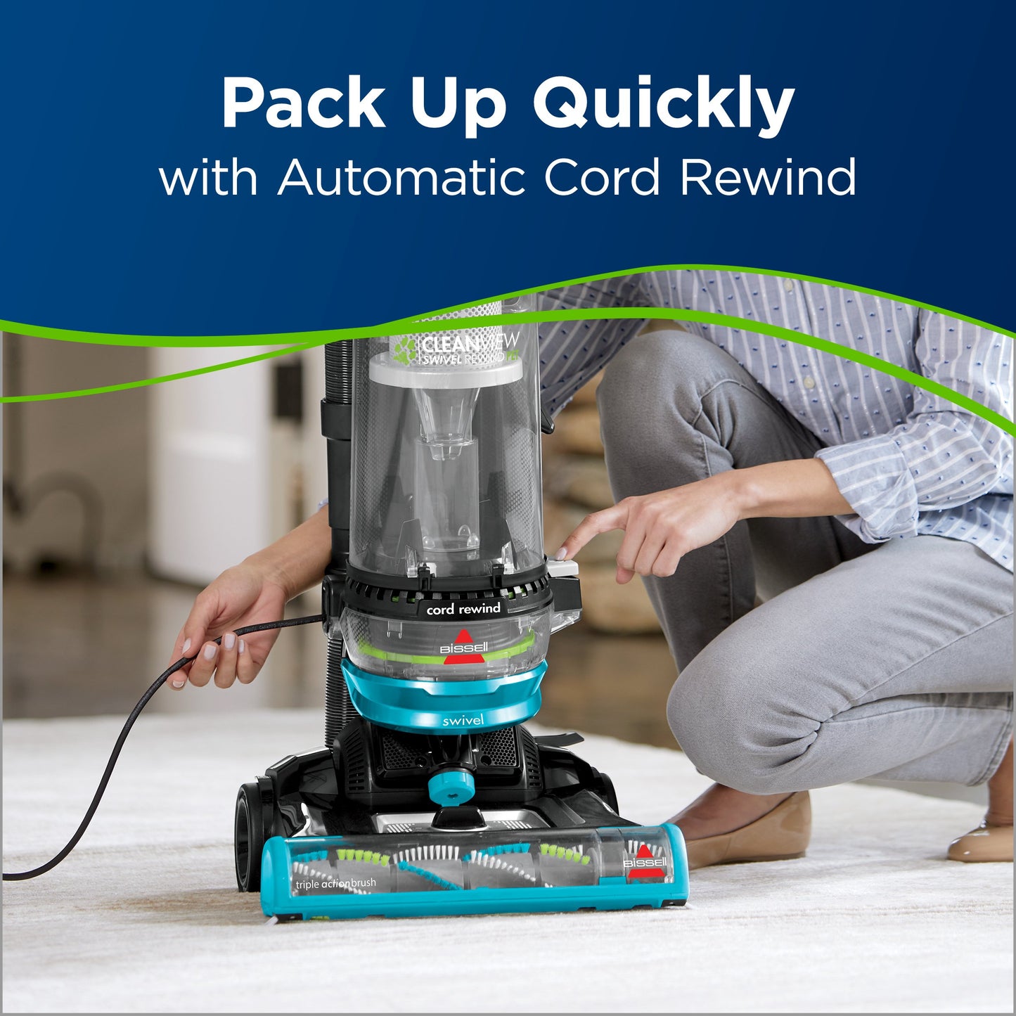 BISSELL CleanView Swivel Pet Upright Bagless Vacuum, Automatic Cord Rewind, Powerful Pet Hair Pickup, Specialized Tools, Large Dirt Tank, Teal