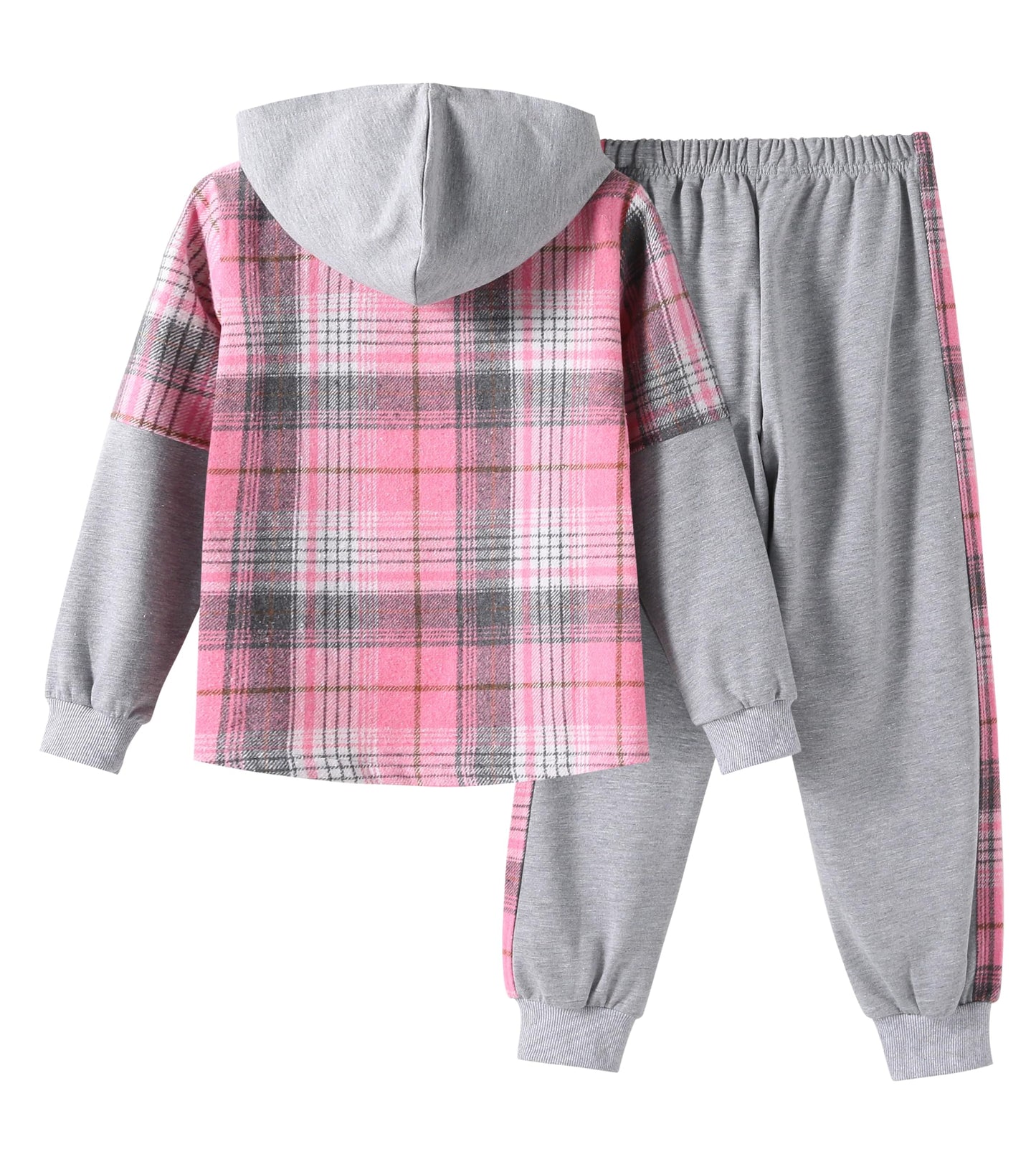 EDFTM Girls Sweatsuit Set Zip Up Cute Plaid Flannel Hoodie and Jogger Pants for Kids Fall Winter Spring Outfits Gray 5-6 Years