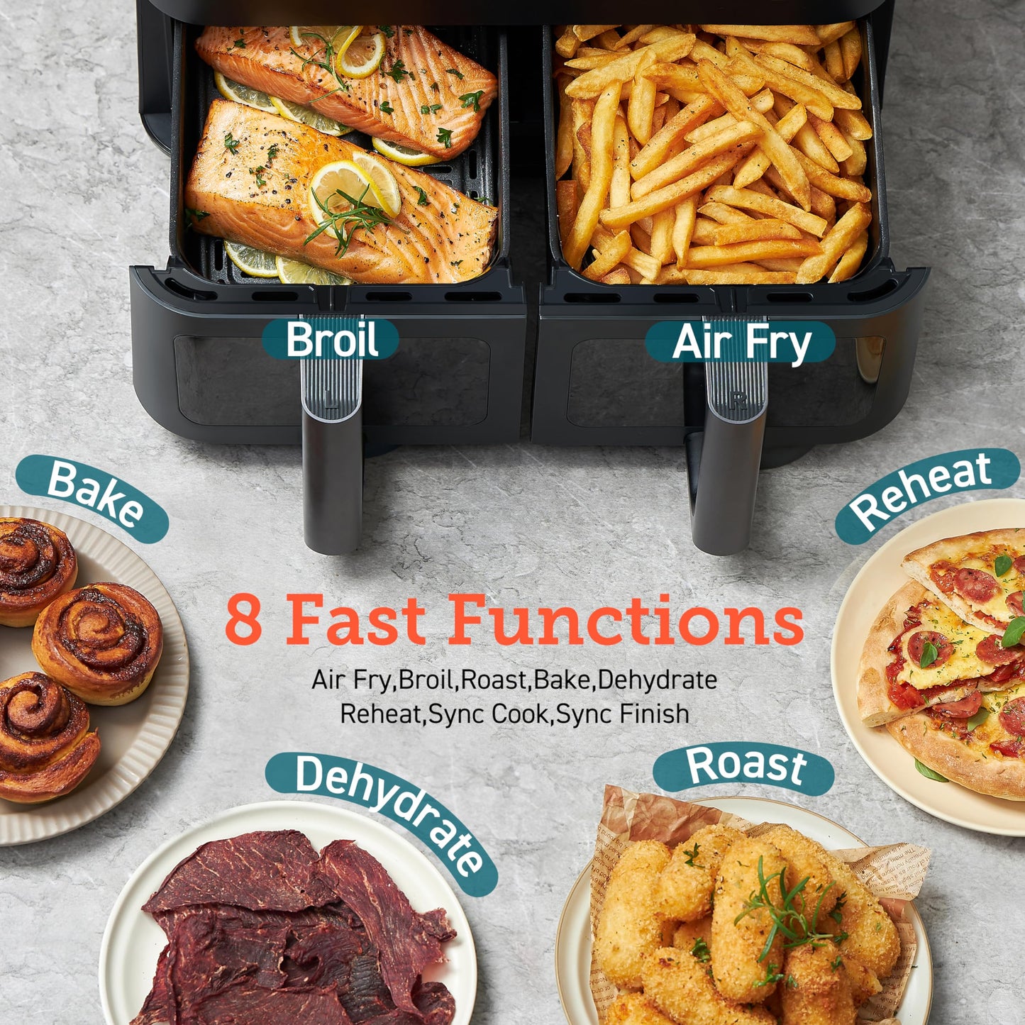 COSORI Dual Basket Air Fryer 9 Qt, Large and Wider Double Airfryer, 8-in-1, Sync Cook & Finish Family Meals, Bake, Roast, Broil and Dehydrate, Optional Preheat & Shake, Visible Window, 130 Recipes