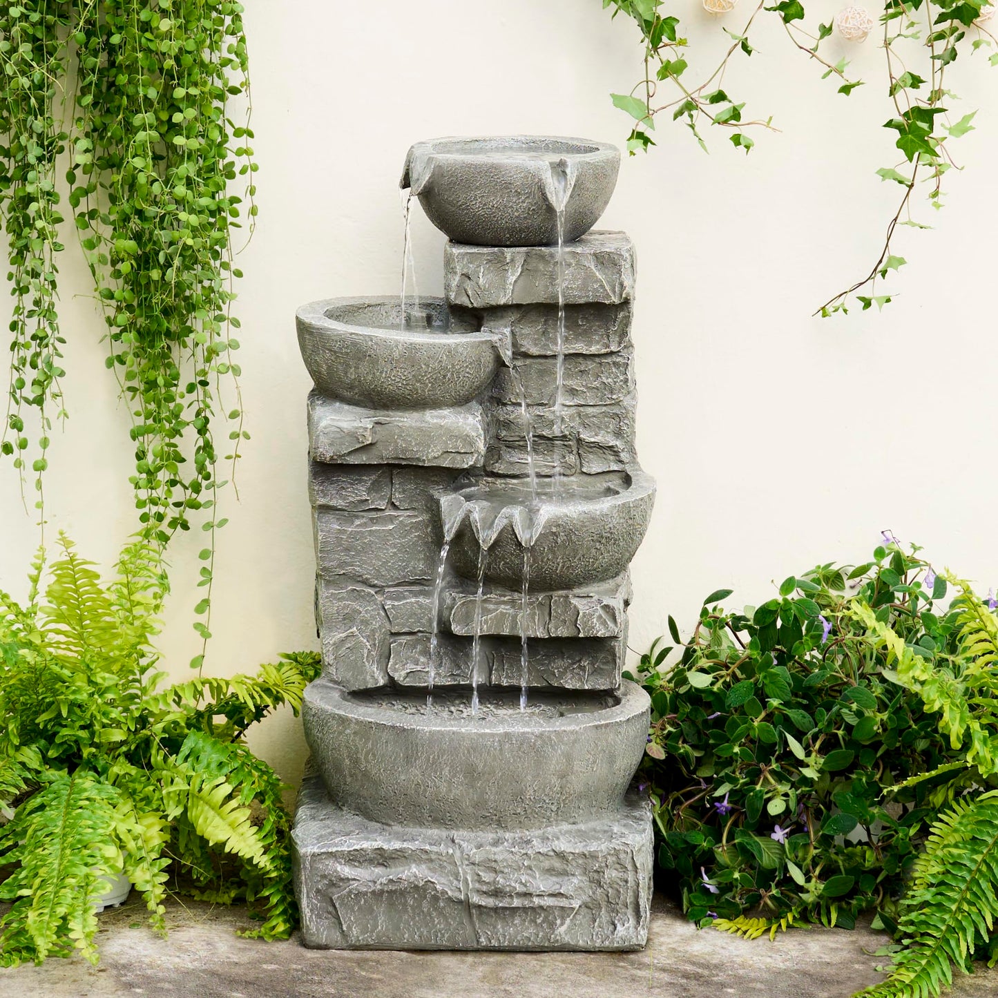 Teamson Home 33.25 in. Cascading Bowls and Stacked Stones LED Outdoor Water Fountain for Gardens, Landscaping, Patios, Balconies, and Lawns for a Calming Oasis in Outdoor Living Spaces, Stone Gray