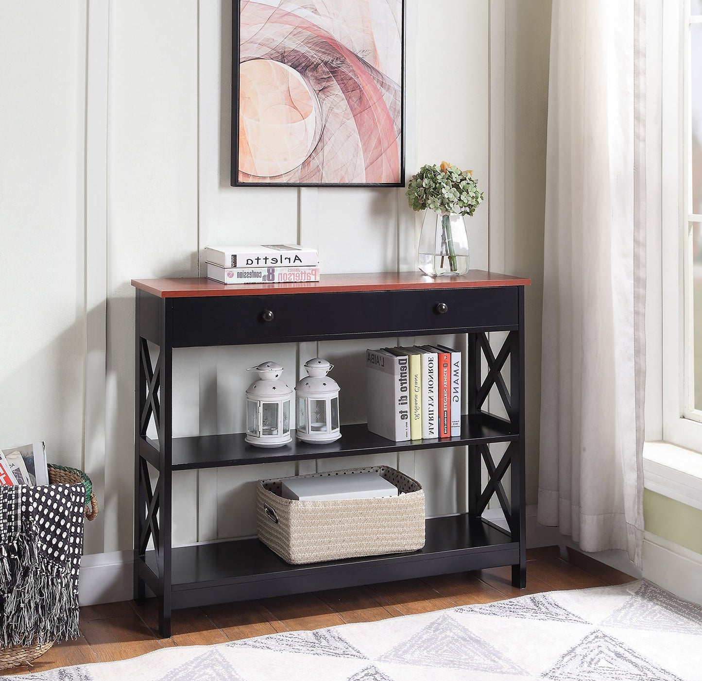 Convenience Concepts Oxford 1 Drawer Console Table with Shelves, Cherry/Black