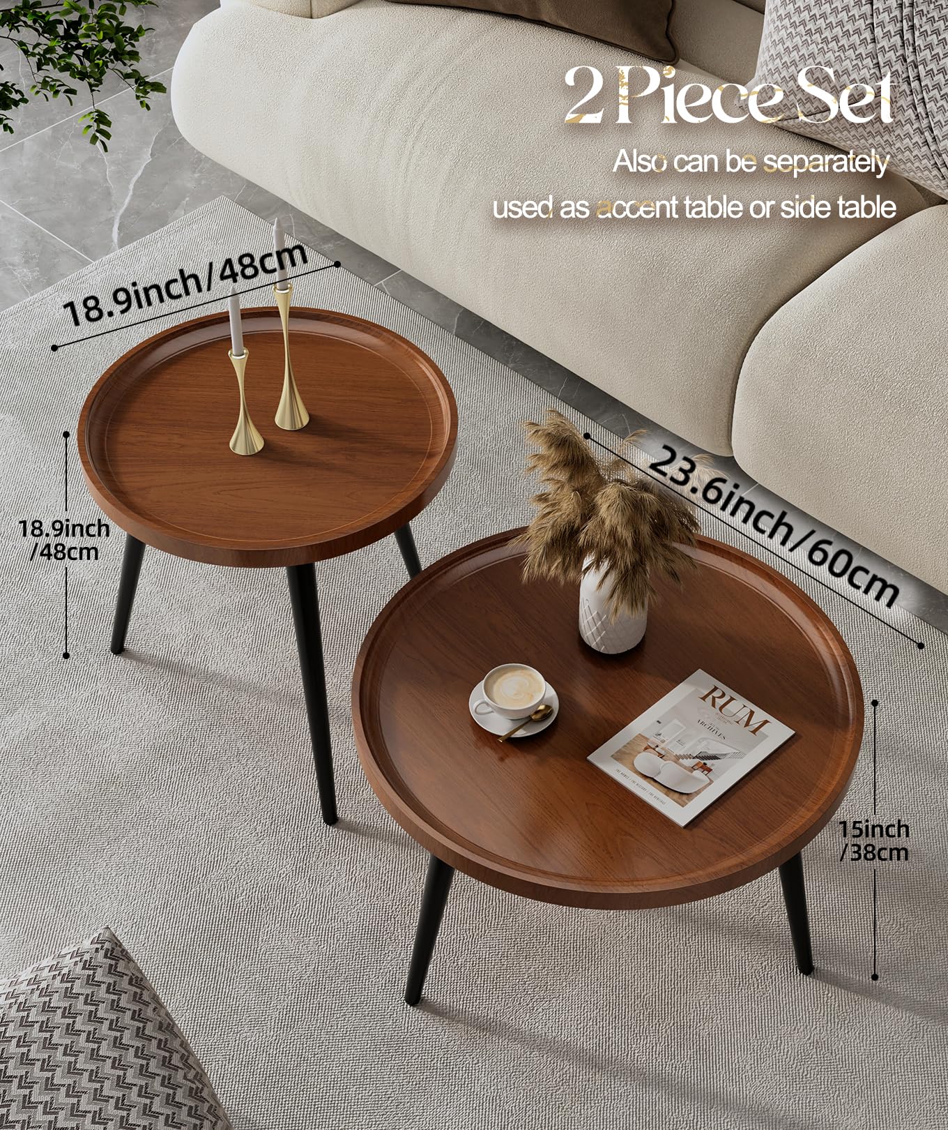 IKSII 2-Piece Set Modern Round Coffee Tables for Living Room,Easy Assembly Nesting Coffee Tables for Small Space,Brown Walnut Color Circle Side Tea Tables for Bedroom Office Balcony Yard