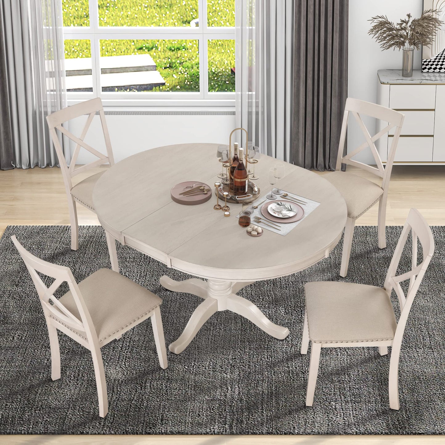 Voohek 5-Piece Kitchen Dining Set for 4, with Extendable Round Wood Table and Chair, Classic Family Furniture for Dinette, Compact Space, Antique White