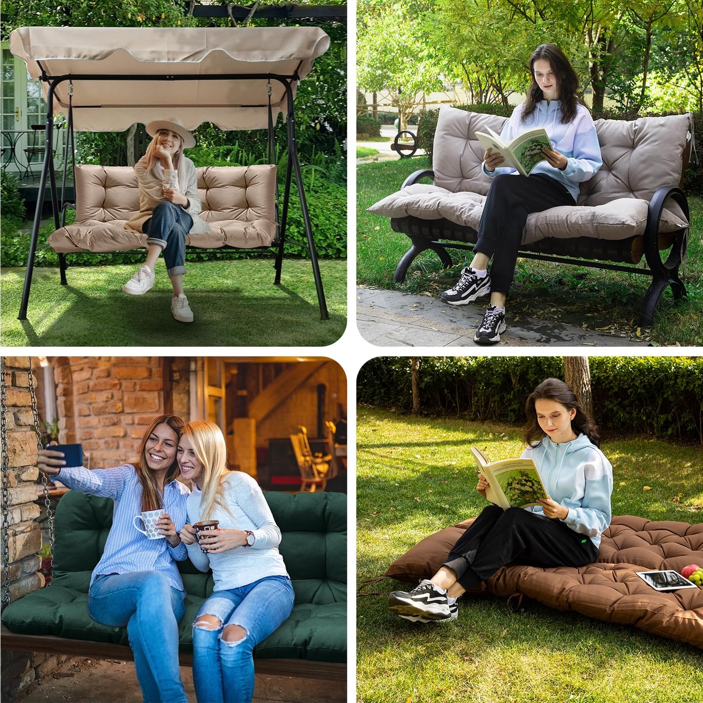 GPQAWER Outdoor Swing Cushions,Waterproof Swing Cushions 3 Seater Replacement with Backrest,Outdoor Thickened Bench Cushion with Ties for Porch,Patio,Backyard,Garden and Lawn (Khaki 60 * 40 in)