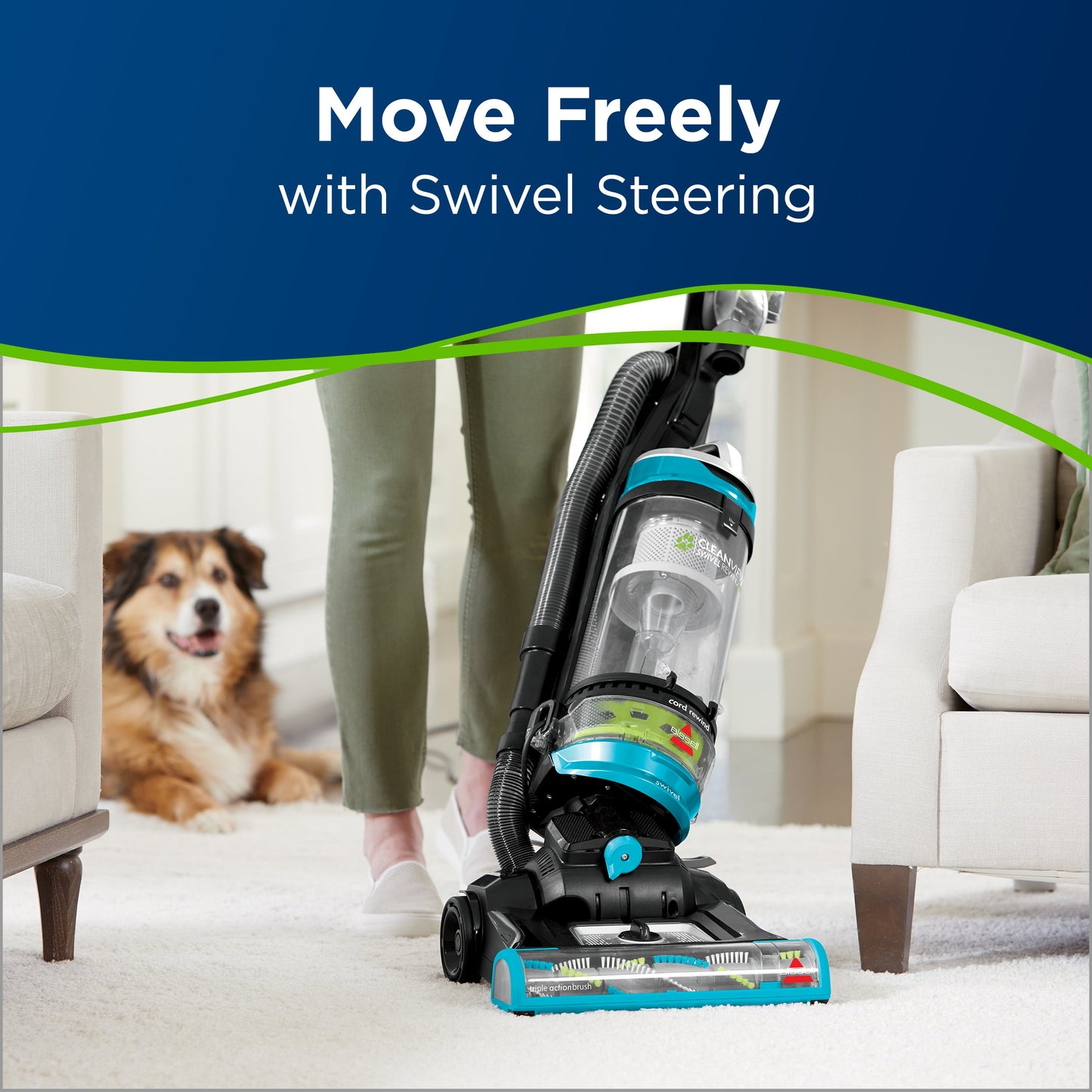 BISSELL CleanView Swivel Pet Upright Bagless Vacuum, Automatic Cord Rewind, Powerful Pet Hair Pickup, Specialized Tools, Large Dirt Tank, Teal