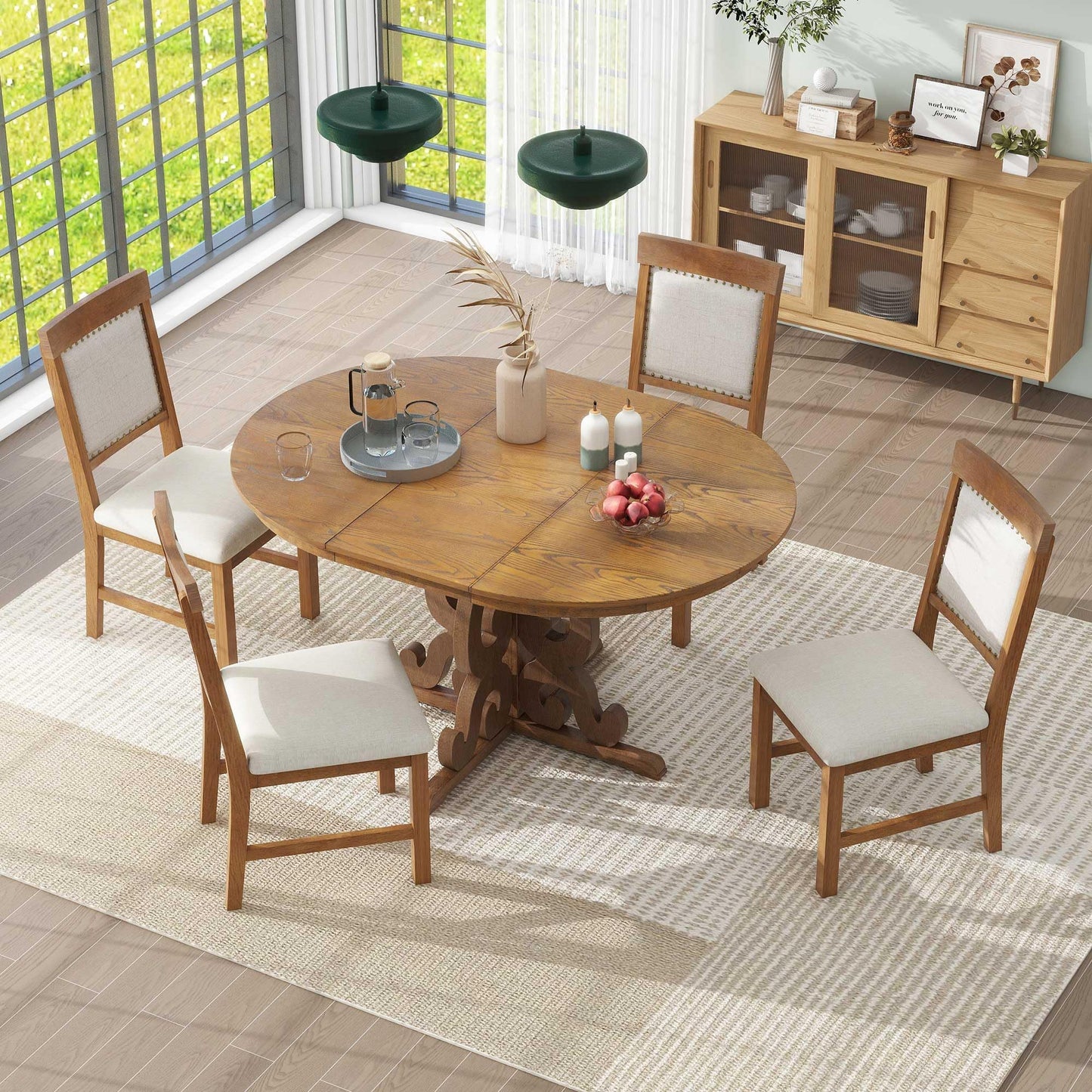 Merax Dining Table Set for 4, Extendable Round Tabletop with 16" Leaf & Upholstered Chairs, Retro Hollowed-Out Carving Design, 58" x 42", Walnut