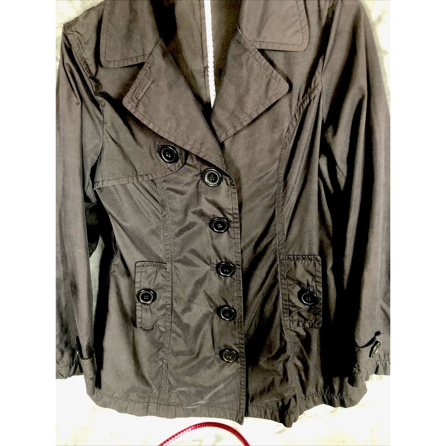 Joujou Ladies Black Trench Coat, Size Lightweight Button Down Missing Belt