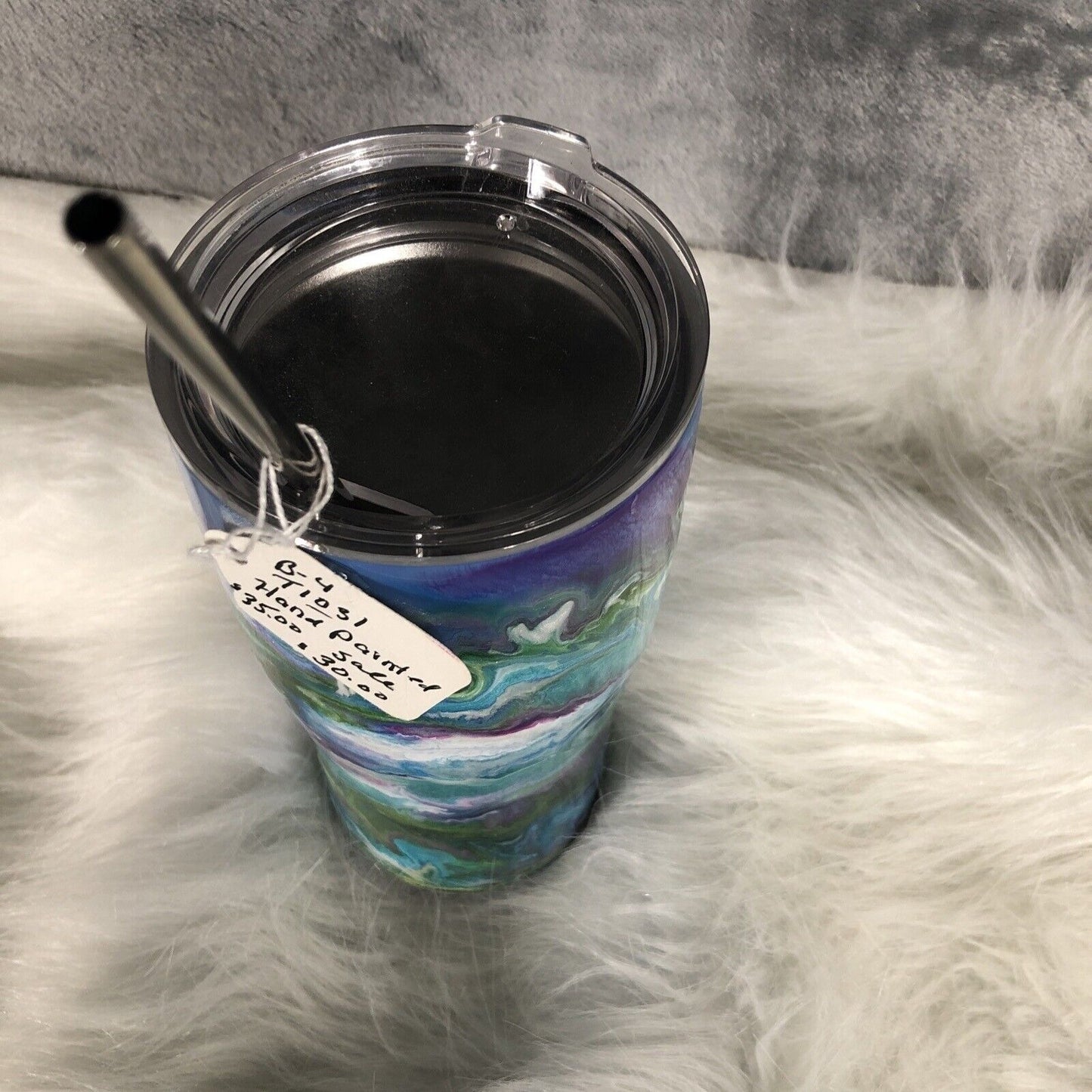 24 Ounce Tumbler Hand-Painted Blues Purples Pearl Green Lid And Straw