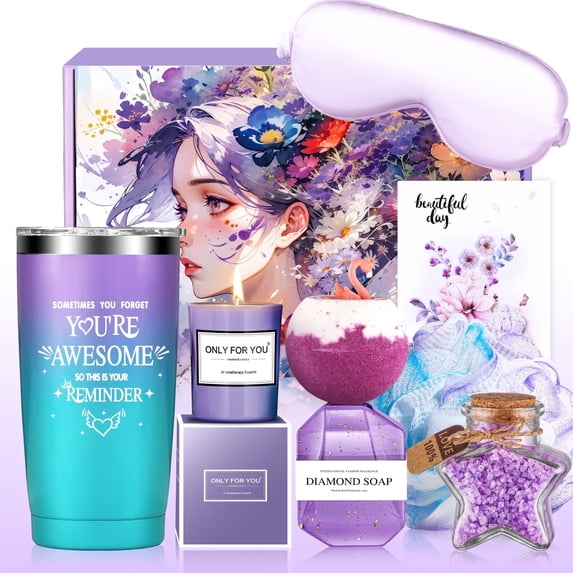 Aofmee Gift Baskets for Women, 8 Pcs Lavender Spa Body Care Set, Beauty Relaxing Mother's Day Birthday Holiday Gifts for Her, Purple