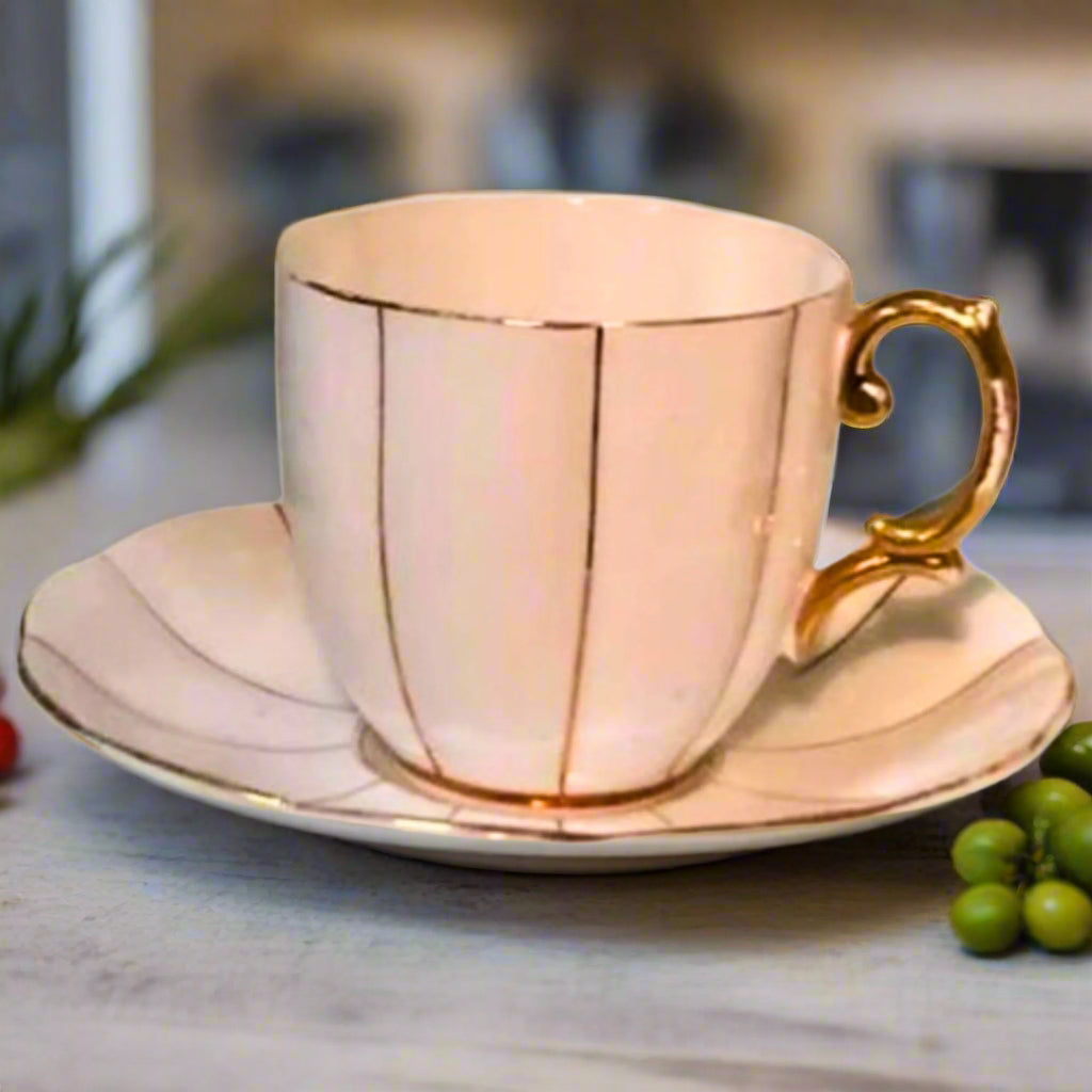 Vintage Gold & White Porcelain Teacup & Saucer Set With Elegant Detailing