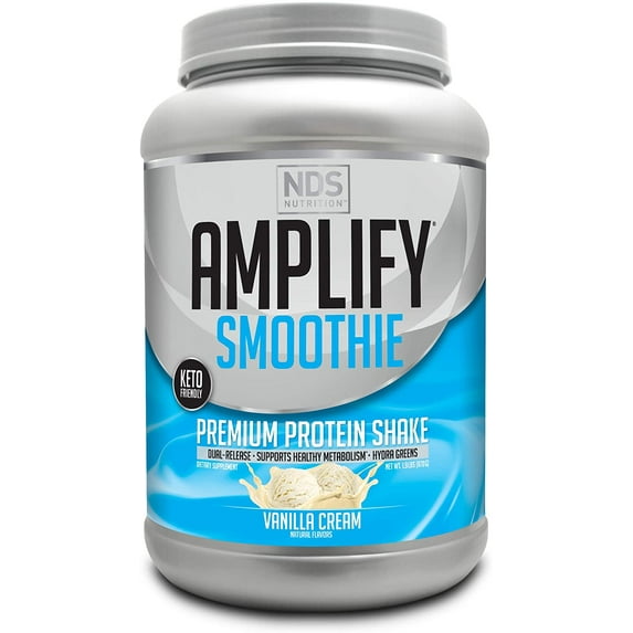 NDS Nutrition Amplify Smoothie Premium Whey Protein Powder Shake with Added Greens and Amino Acids - Build Lean Muscle, Gain Strength, Lasting Energy, and Lose Fat - Vanilla (30 Servings)
