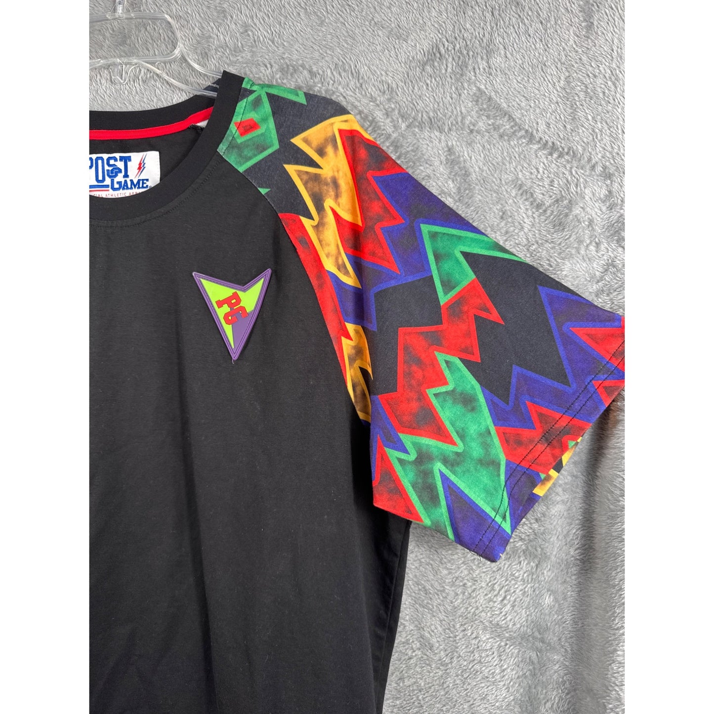 Post Game XL Black Shirt With Multicolor Geometric Sleeves & Logo