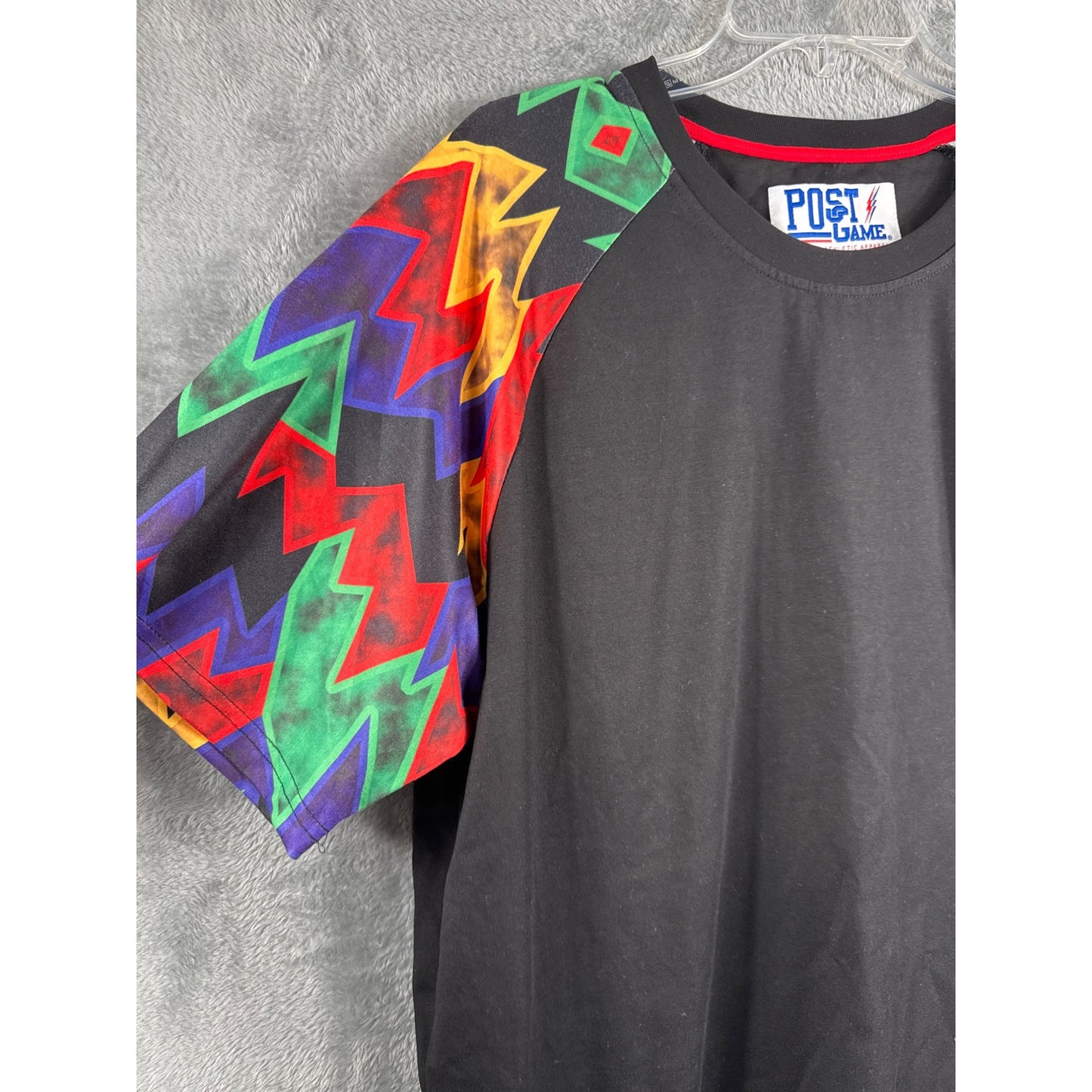 Post Game XL Black Shirt With Multicolor Geometric Sleeves & Logo