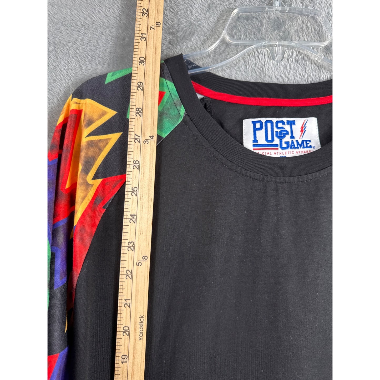 Post Game XL Black Shirt With Multicolor Geometric Sleeves & Logo