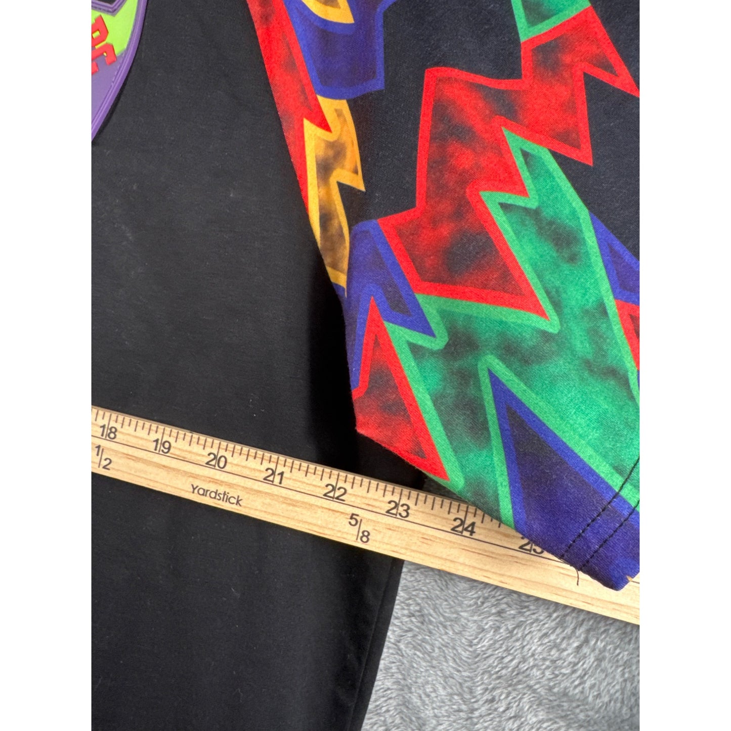 Post Game XL Black Shirt With Multicolor Geometric Sleeves & Logo
