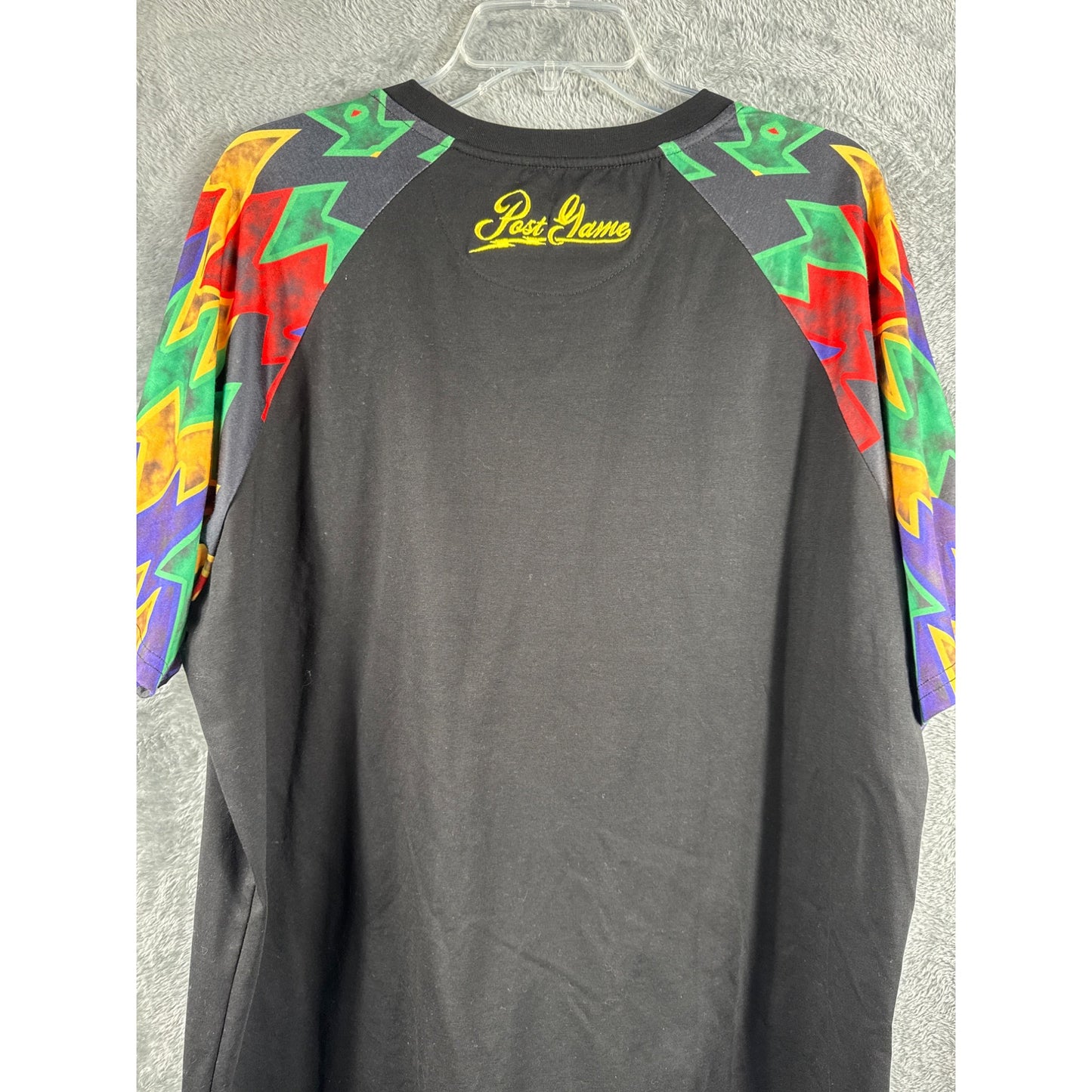 Post Game XL Black Shirt With Multicolor Geometric Sleeves & Logo