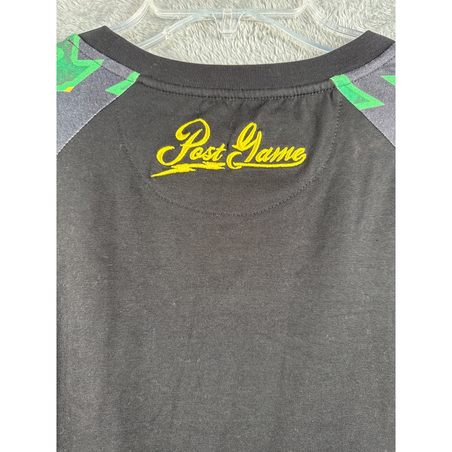 Post Game XL Black Shirt With Multicolor Geometric Sleeves & Logo