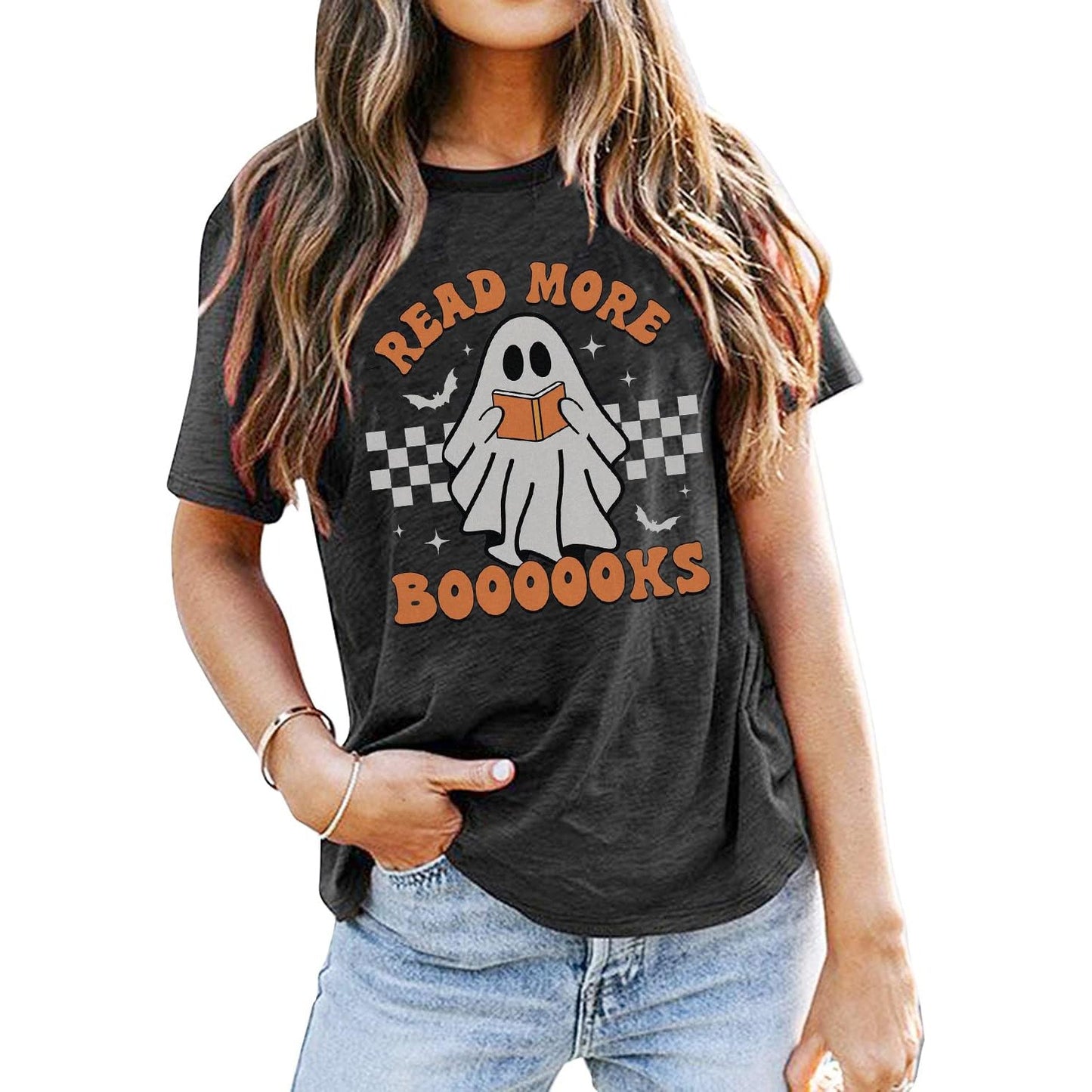 Teacher Halloween Shirt Women Read More Books T-Shirt Spooky Teacher Ghost Tees Short Sleeve Halloween Party Tops (L, Gray)