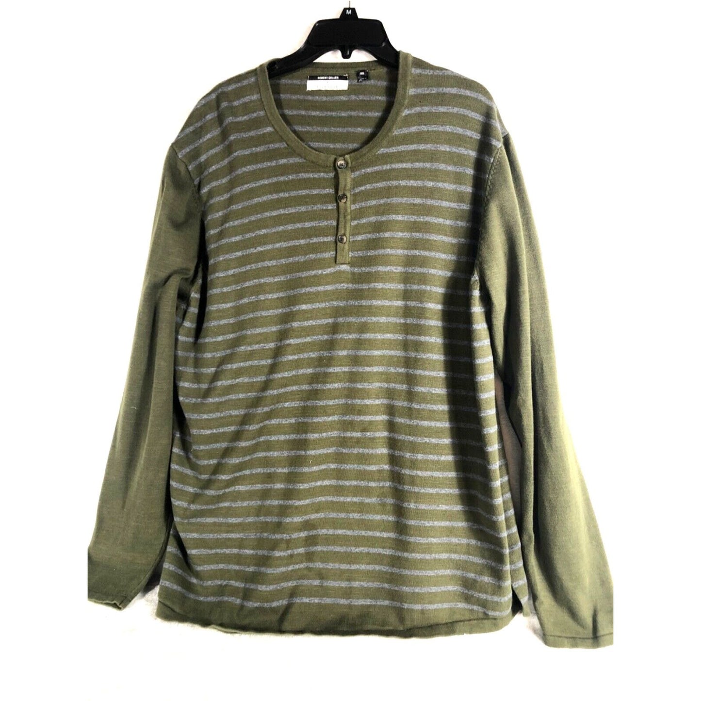 Robert Geller + Five Four Mens Striped Henley Shirt 2XL Green & Gray Cotton Blend