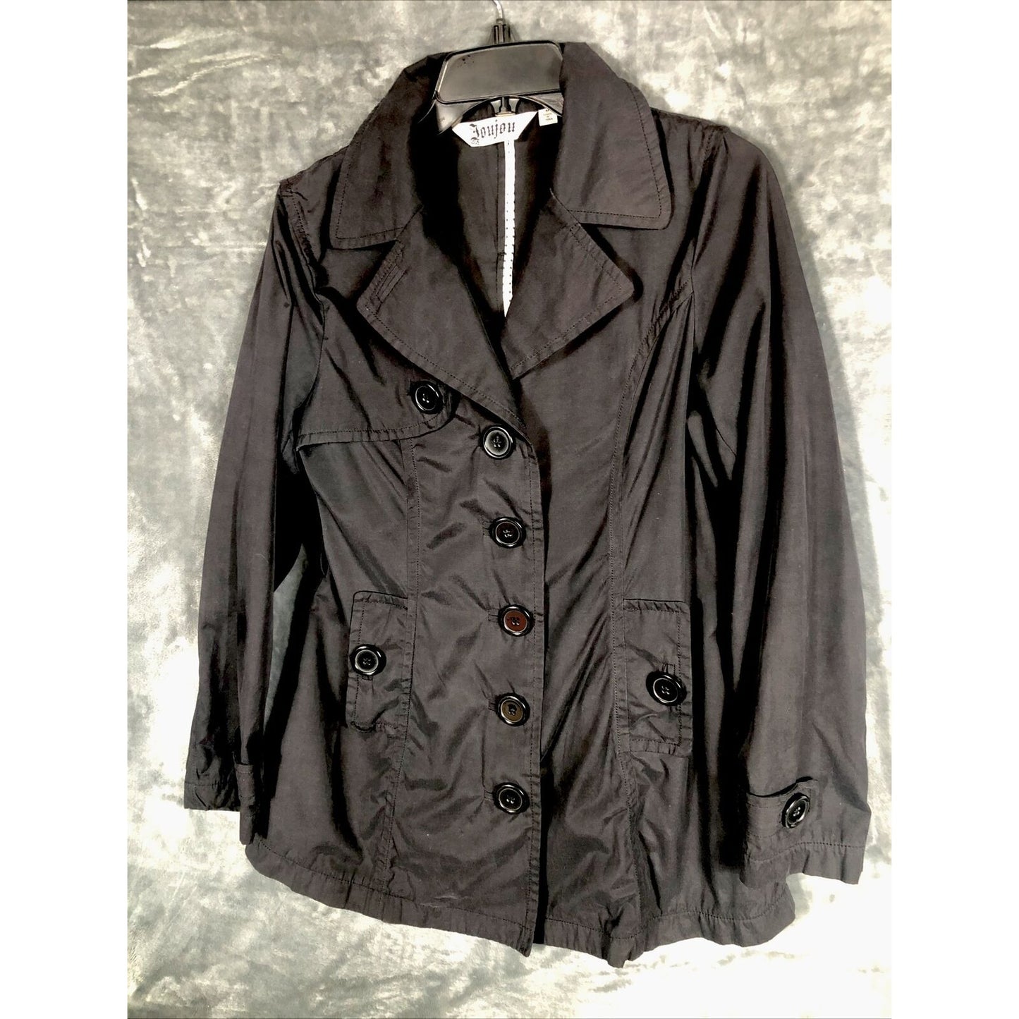Joujou Ladies Black Trench Coat, Size Lightweight Button Down Missing Belt