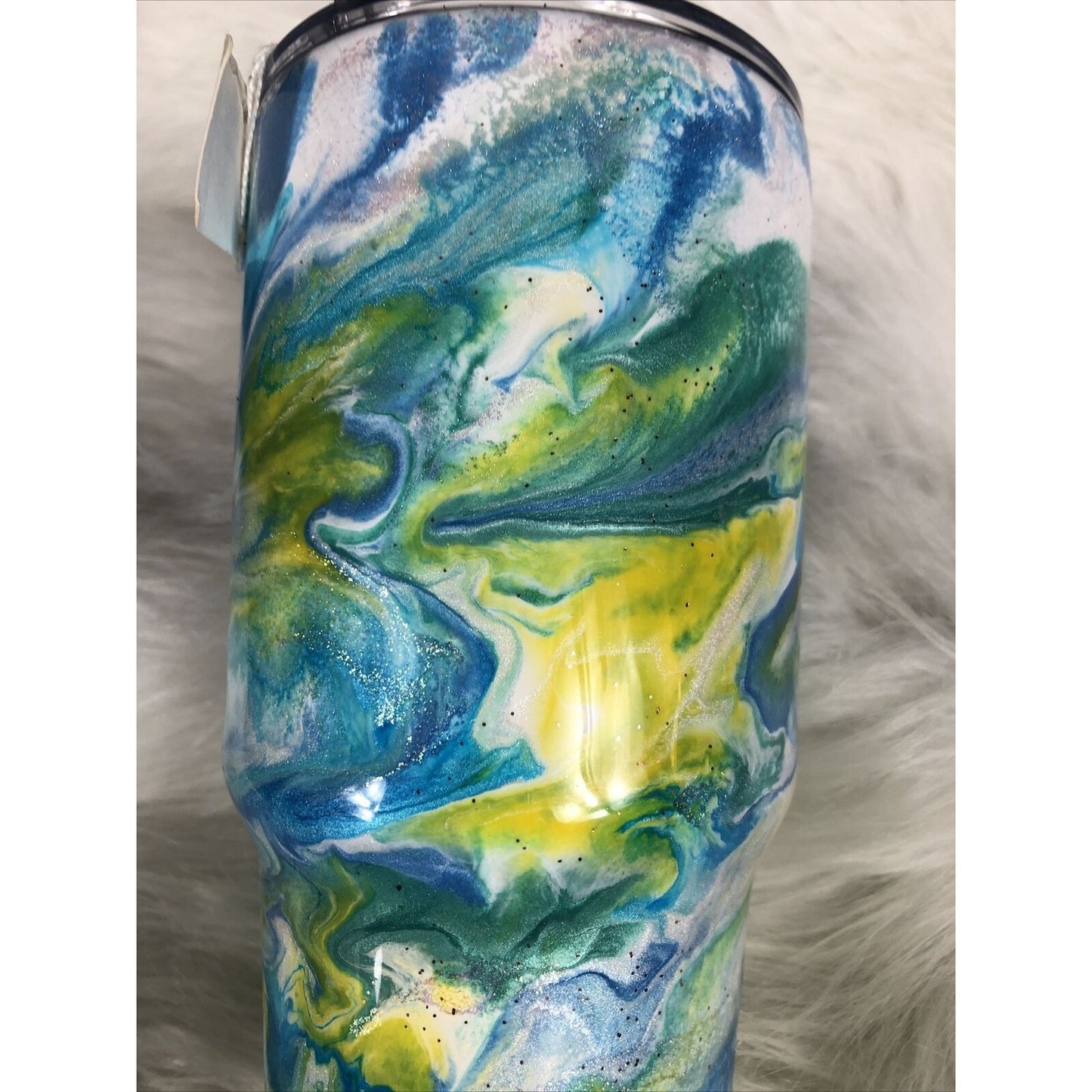 32 Ounce Tumbler Hand Painted Teal’s Blues Yellows Pearls & Glitter Lid Custom