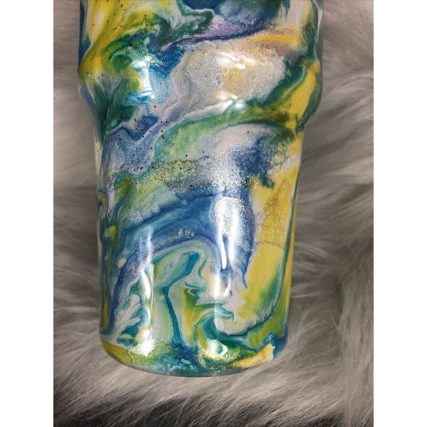 32 Ounce Tumbler Hand Painted Teal’s Blues Yellows Pearls & Glitter Lid Custom