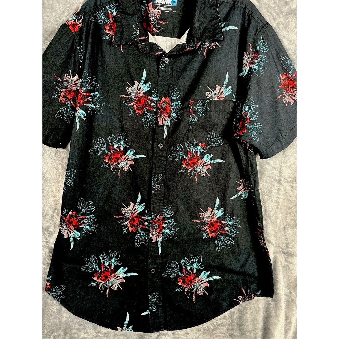 Tony Hawk Men’s Floral Hawaiian Shirt Button Up Black