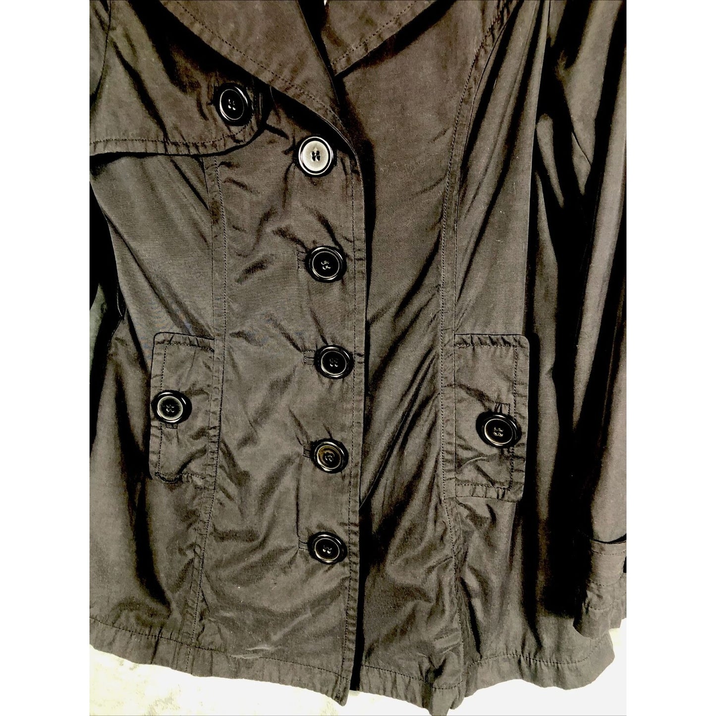 Joujou Ladies Black Trench Coat, Size Lightweight Button Down Missing Belt