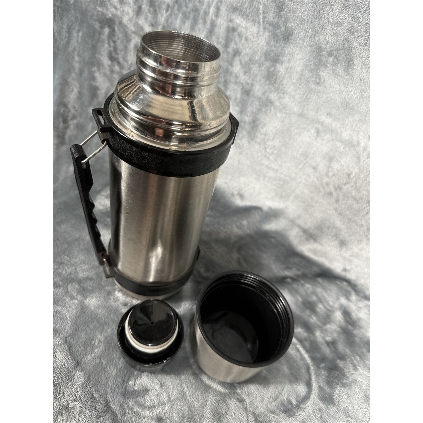 Thermos Black & Silver Vacuum Insulated Flask 1 Liter Stopper Vintage