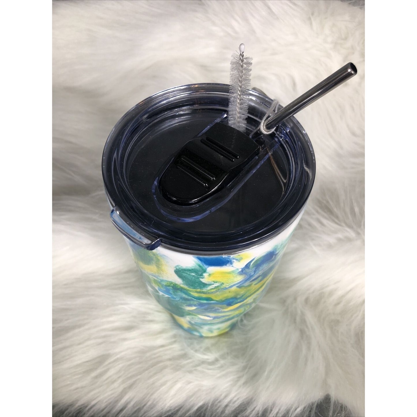 32 Ounce Tumbler Hand Painted Teal’s Blues Yellows Pearls & Glitter Lid Custom