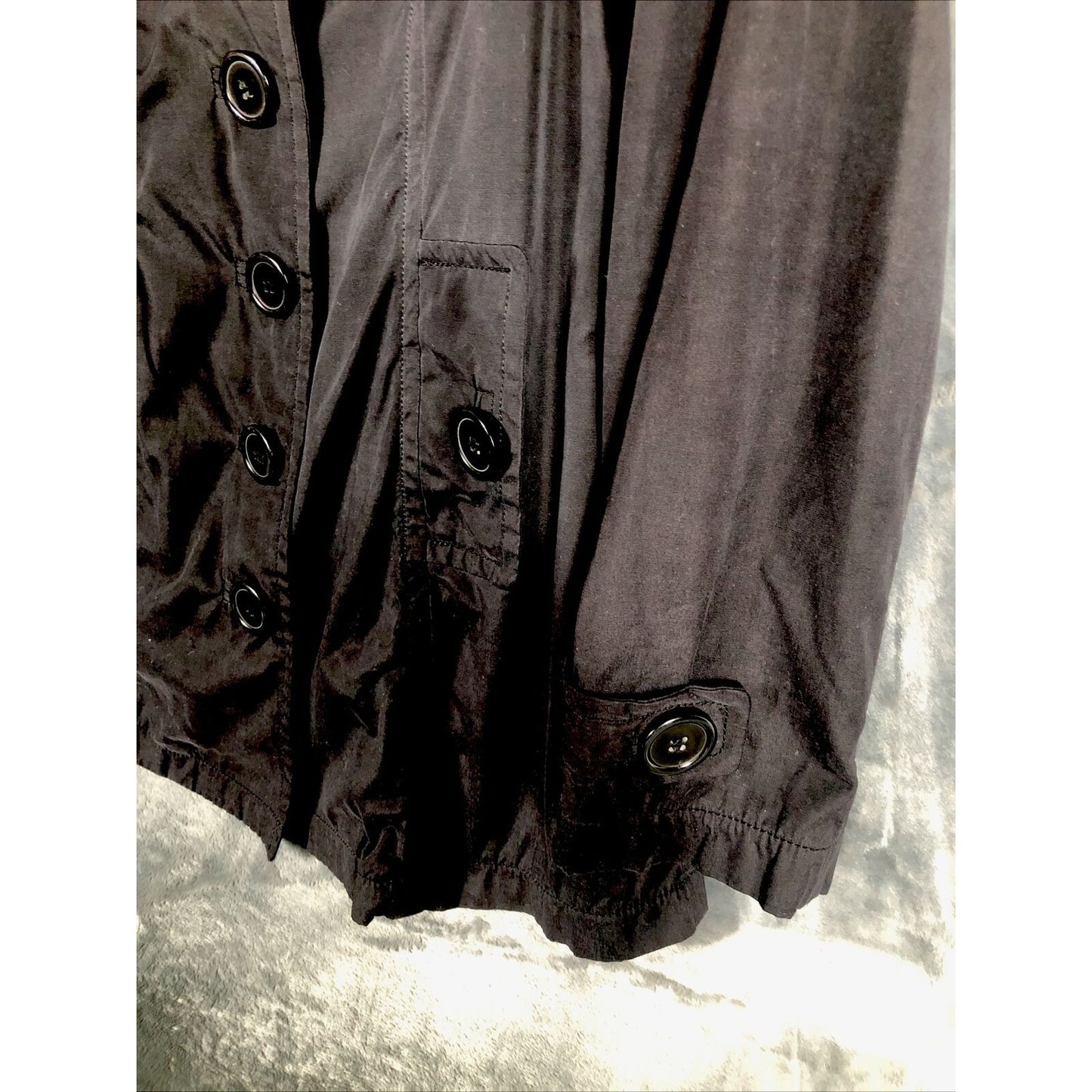 Joujou Ladies Black Trench Coat, Size Lightweight Button Down Missing Belt