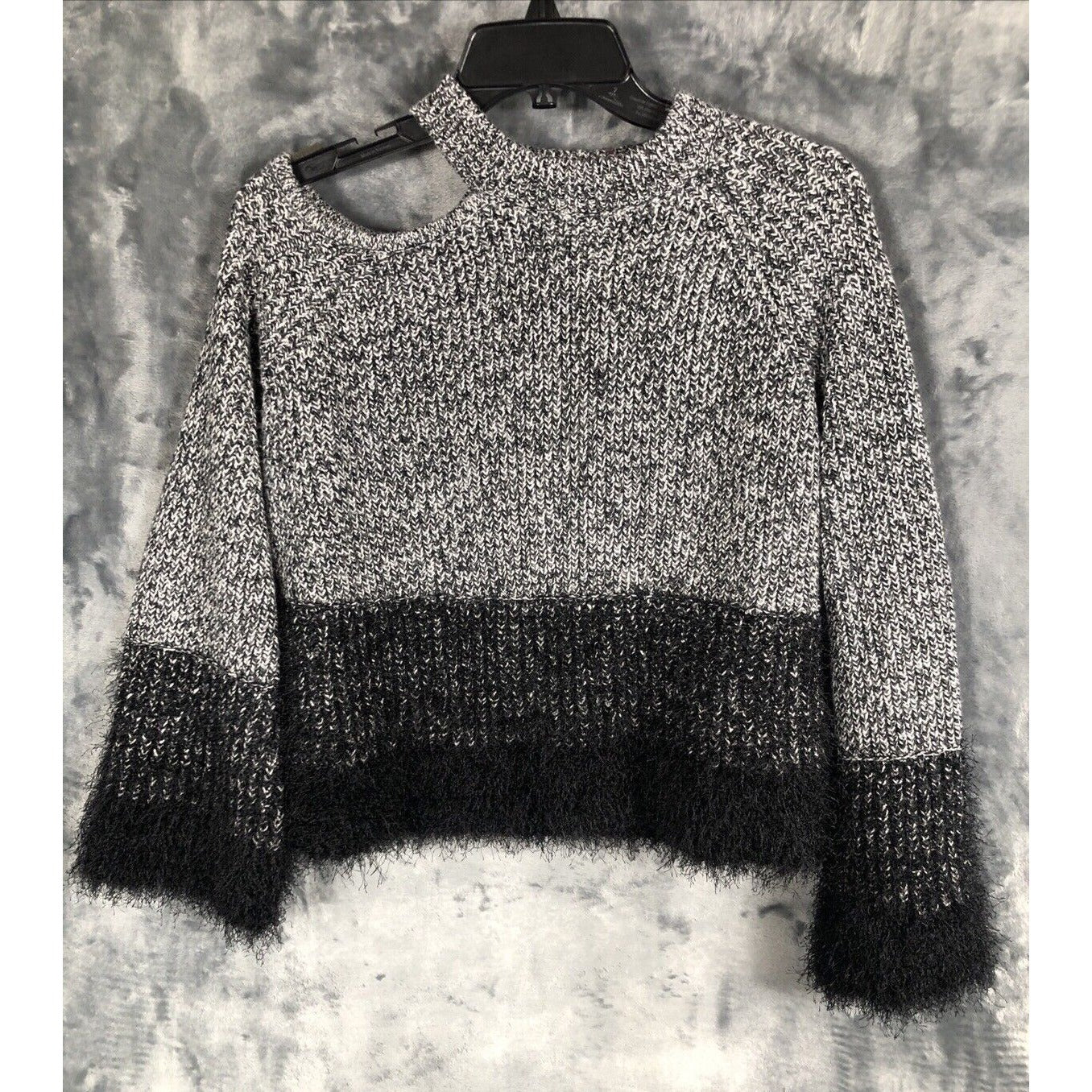 1. State Ladies Black and White Sweater Fuzzy Trim Sleeves and Waist Size Small