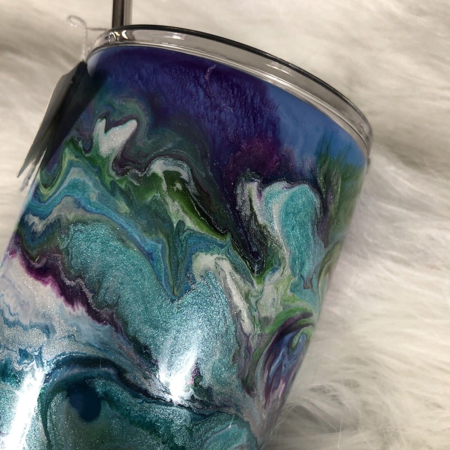 24 Ounce Tumbler Hand-Painted Blues Purples Pearl Green Lid And Straw