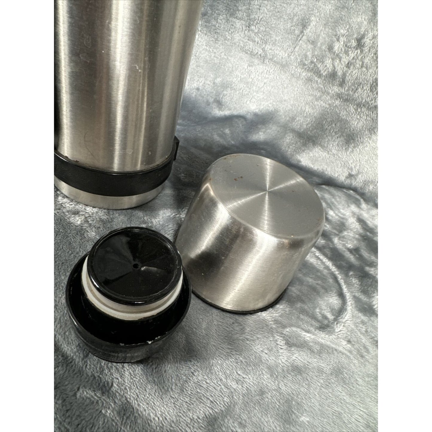 Thermos Black & Silver Vacuum Insulated Flask 1 Liter Stopper Vintage
