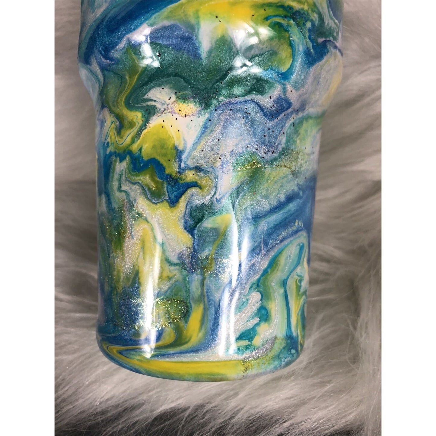32 Ounce Tumbler Hand Painted Teal’s Blues Yellows Pearls & Glitter Lid Custom