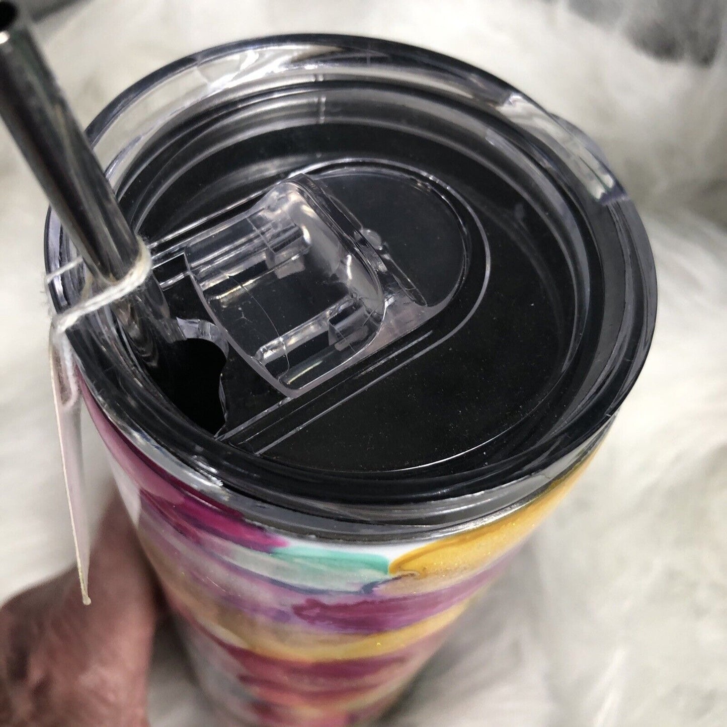 20 Ounce Tumbler Hand-Painted Pinks Pearl Teal Yellow Lid And Straw