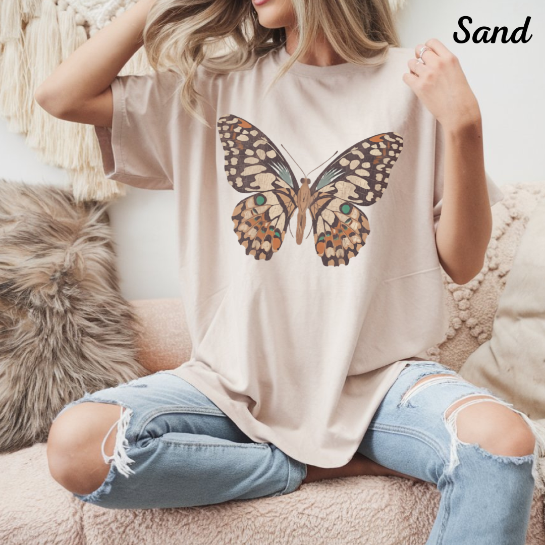 Butterfly Graphic Tee, Gildan 5000 Sand T-Shirt, Casual Women's Top, Customizable Shirt for Everyday Wear, Gift for Her, Art Apparel