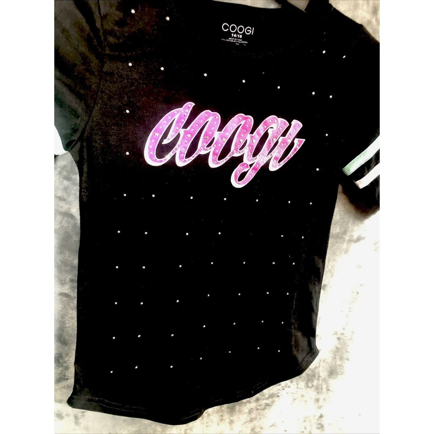 COOGI T-Shirt Black Pink White And Teal Studded Girls Size 14/16