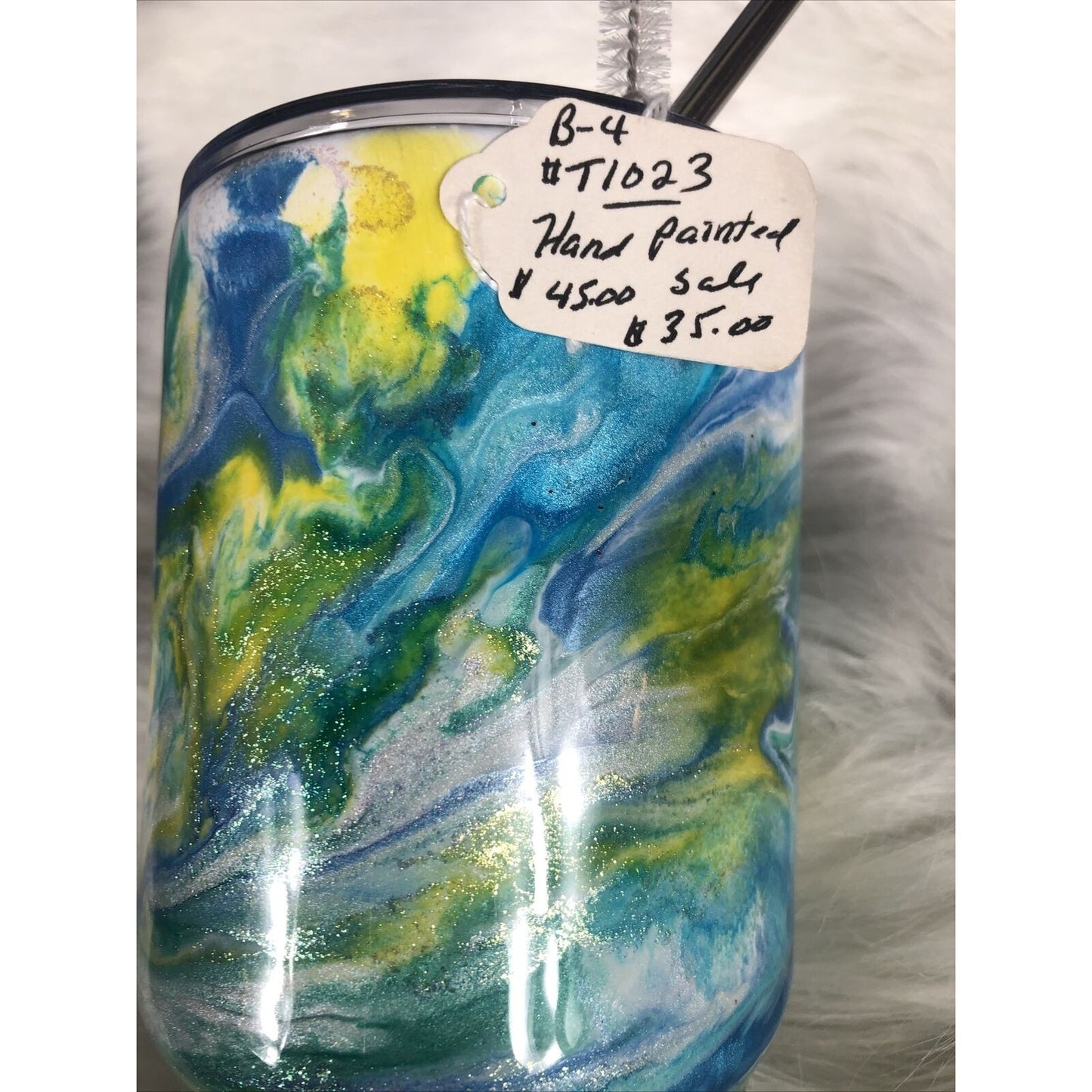 32 Ounce Tumbler Hand Painted Teal’s Blues Yellows Pearls & Glitter Lid Custom
